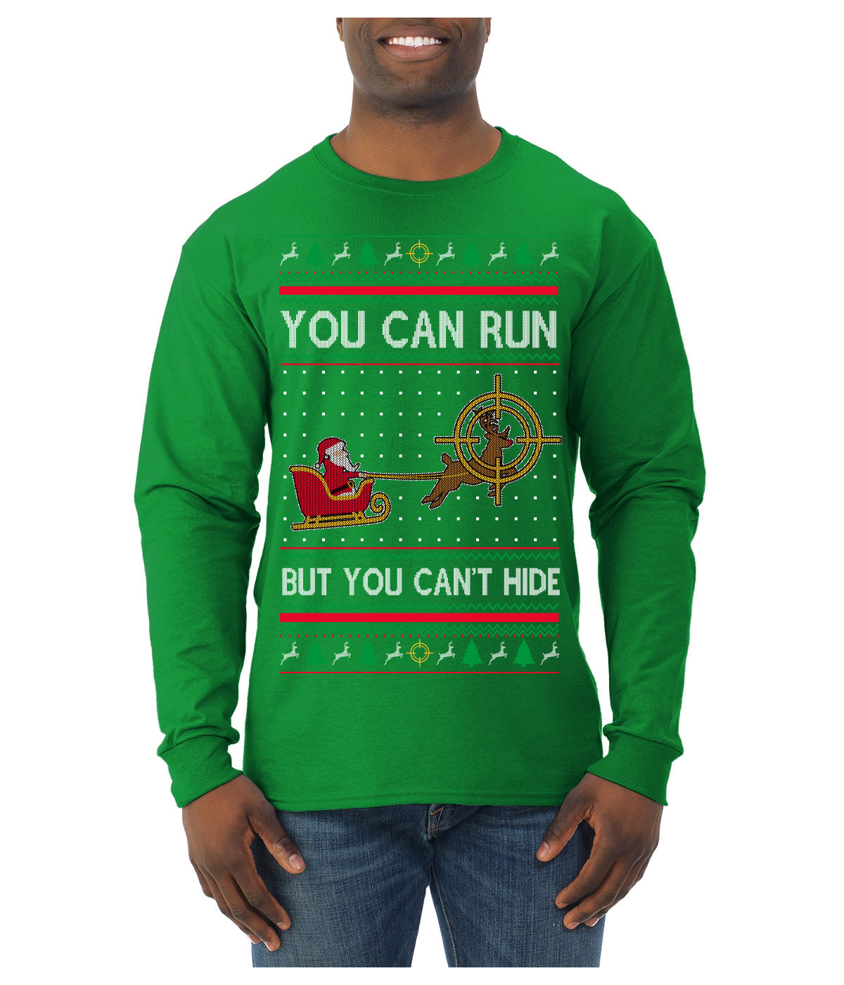 You Can Run But You Can't Hide Santa Sleigh Reindeer Ugly Christmas Sweater Mens Long Sleeve Shirt