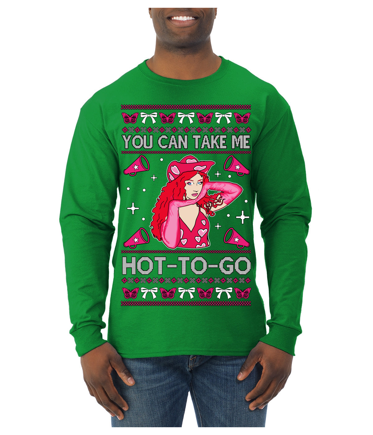 You Can Take Me Hot to Go, Funny Midwest Princess Pop Star Ugly Christmas Sweater Mens Long Sleeve Shirt