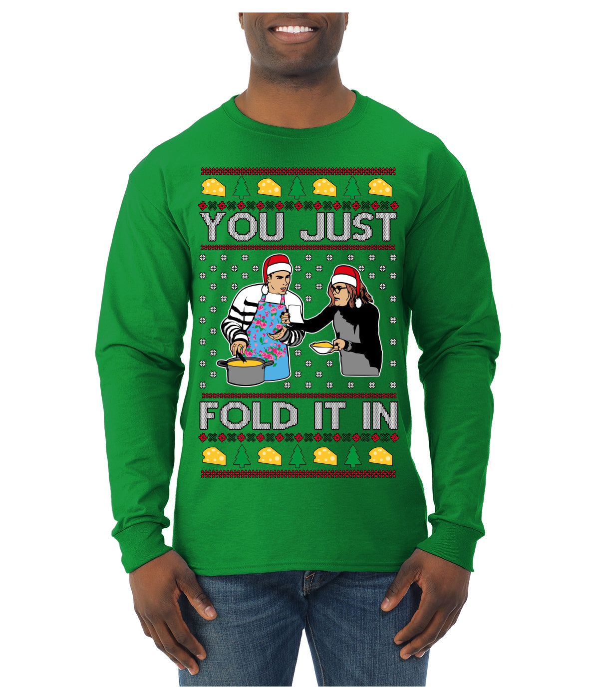 You Just Fold It In Funny Enchilada Moira David TV Sitcom Ugly Christmas Sweater Mens Long Sleeve Shirt