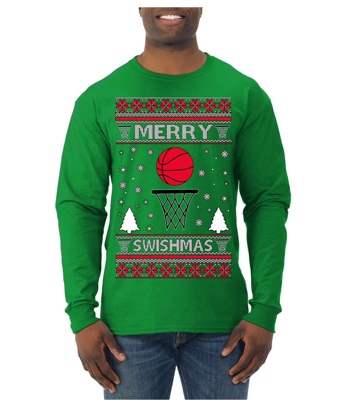 Merry Swishmas Basketball Sports Ugly Christmas Sweater Mens Long Sleeve Shirt