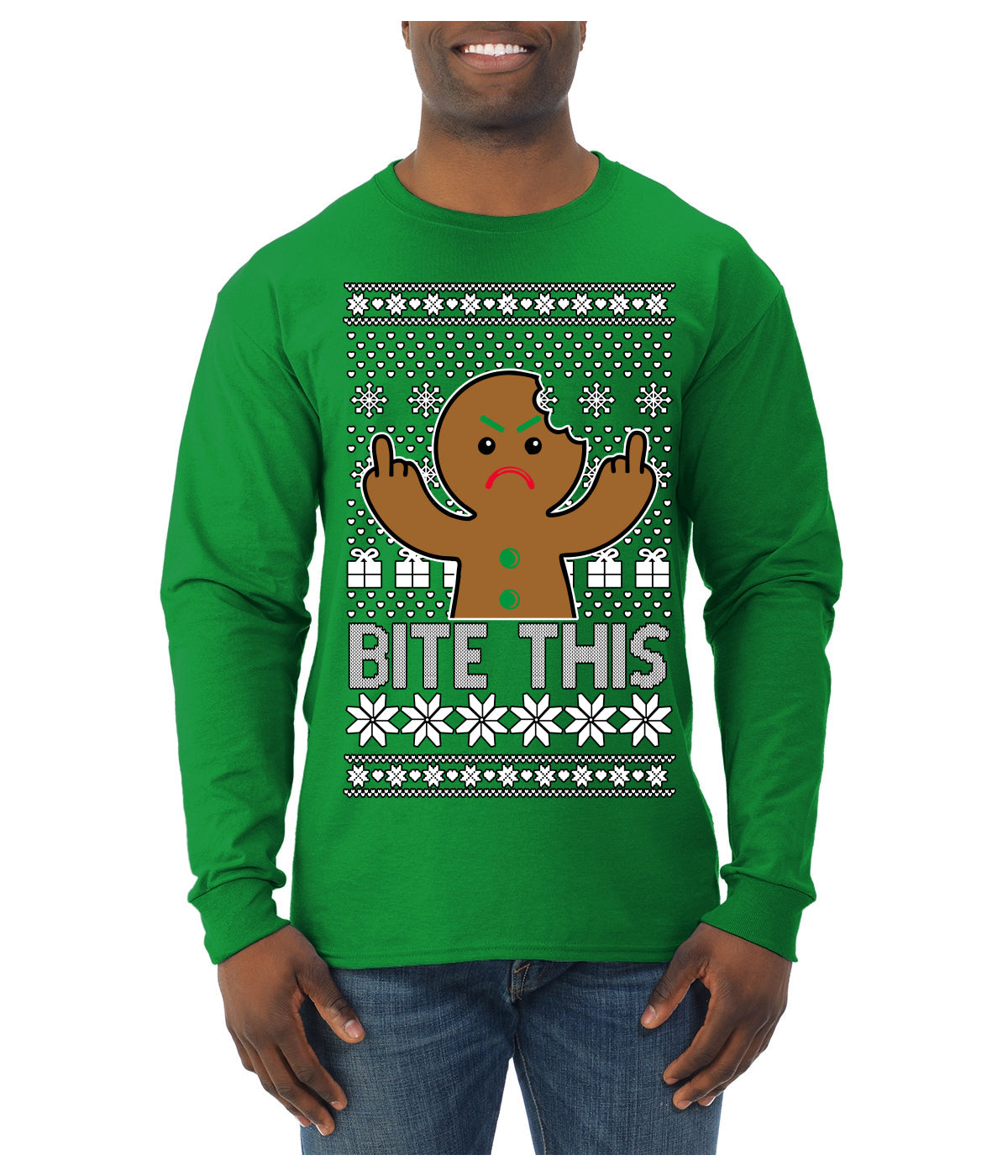 Bite This, Funny Gingerbread Cookie Offensive Inappropriate Middle Finger, F U Ginger Bread Dirty Novelty Xmas Ugly Christmas Sweater Mens Long Sleeve Shirt