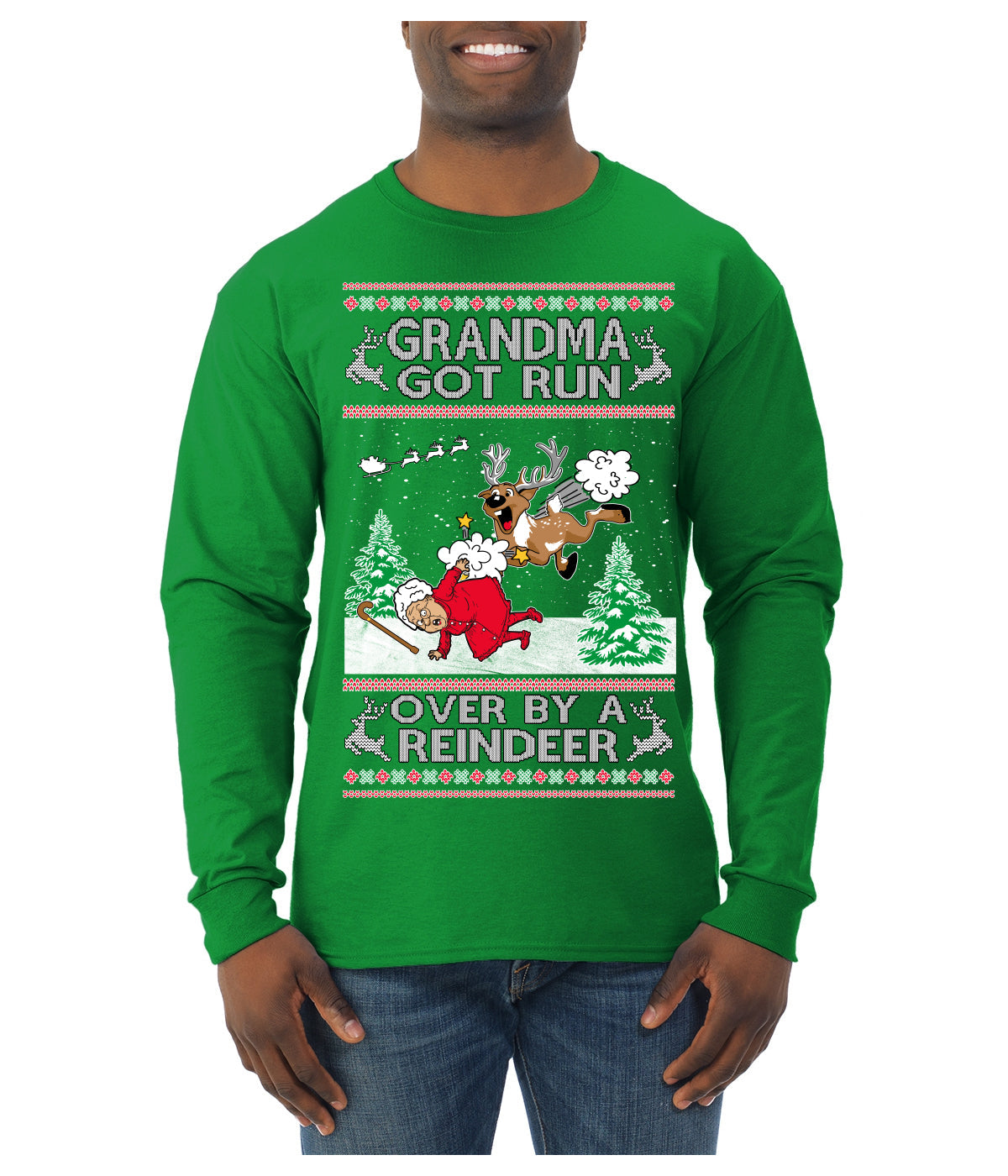 Grandma Got Run Over by a Reindeer, Funny Animated Design Rein Deer Kids TV Song Movie Ugly Christmas Sweater Mens Long Sleeve Shirt