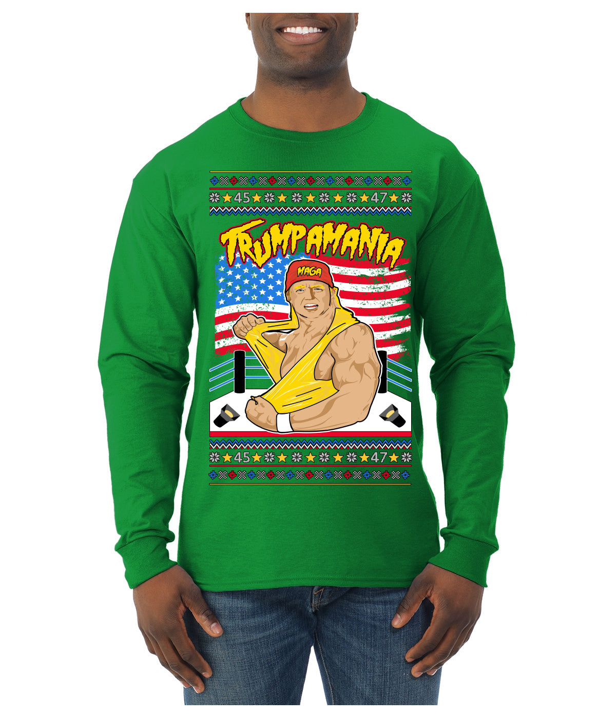 Trumpamania Funny Hogan 80s USA Wrestling Sports Parody Ugly Christmas Sweater Mens Long Sleeve Shirt