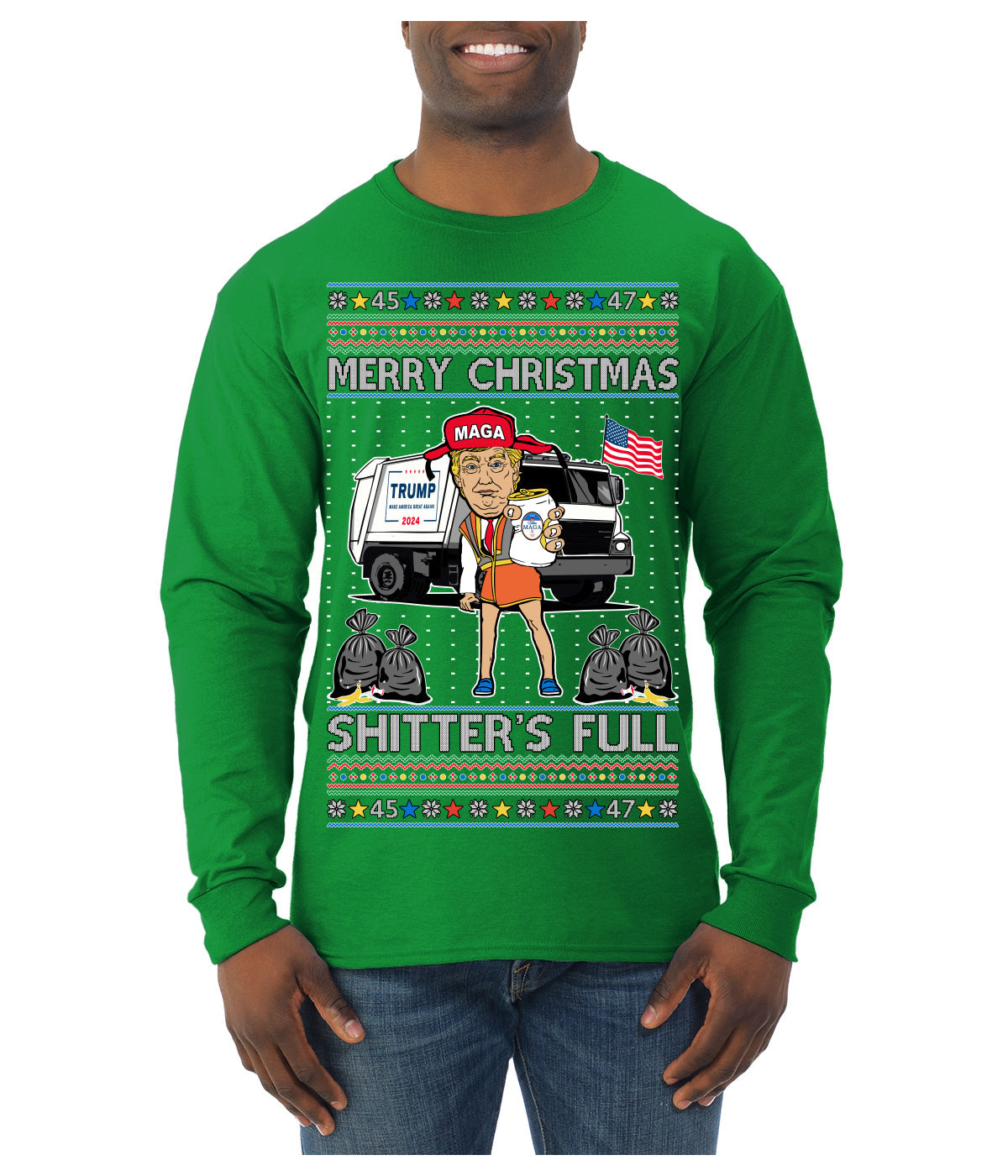 Donald Trump Merry Christmas Shitter's Full Cousin Eddie Ugly Christmas Sweater Mens Long Sleeve Shirt