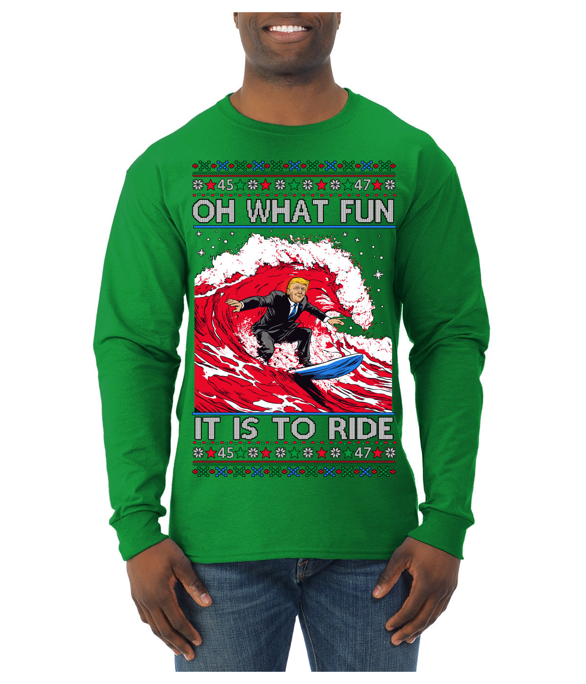 Oh What Fun It Is to Ride Donald Trump Red Wave Landslide Ugly Christmas Sweater Mens Long Sleeve Shirt