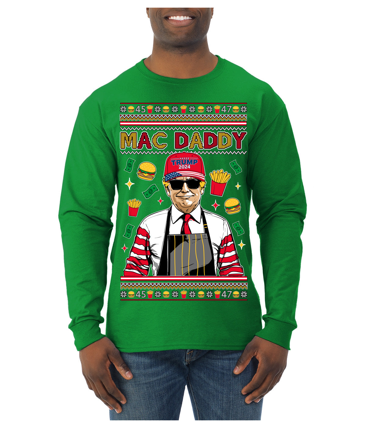 Mac Daddy Funny Viral Trump Meme Fast Food Fries Burgers Ugly Christmas Sweater Mens Long Sleeve Shirt