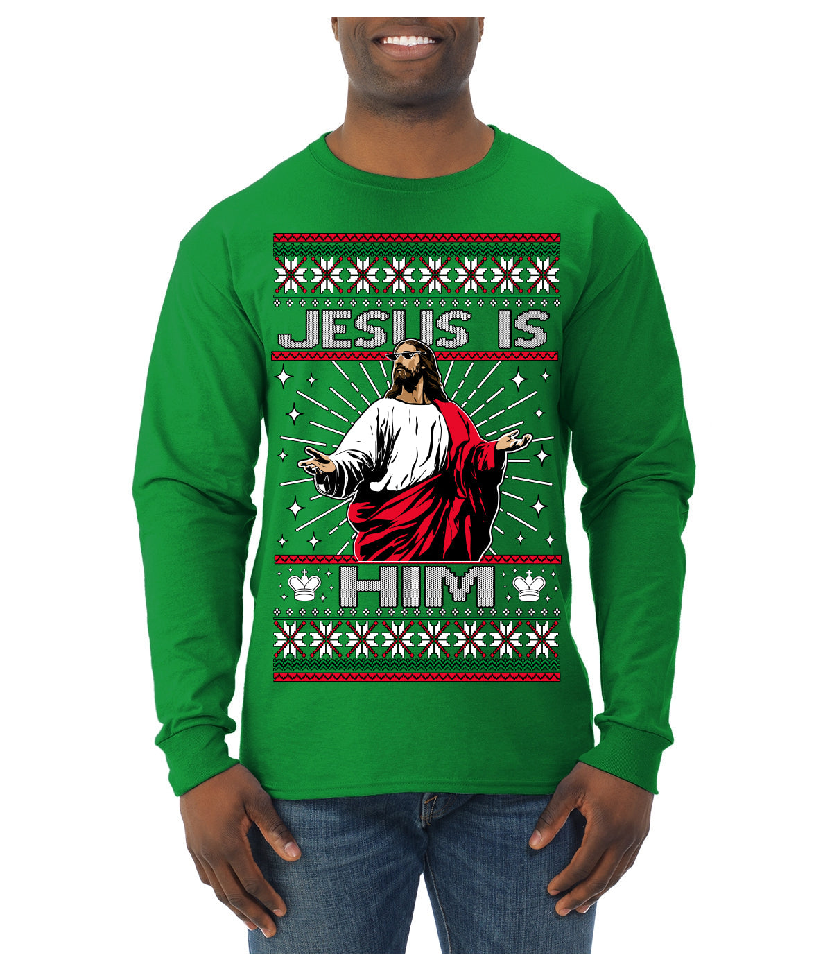 Jesus Is Him Funny Gen Z Viral Meme Shades Slang Ugly Christmas Sweater Mens Long Sleeve Shirt