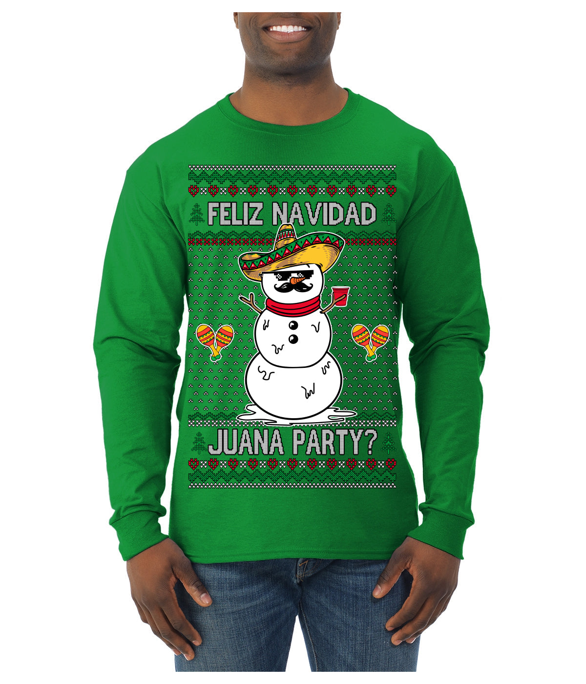 Feliz Navidad Juana Party Funny Spanish Drinking Cerveza Ugly Christmas Sweater Mens Long Sleeve Shirt