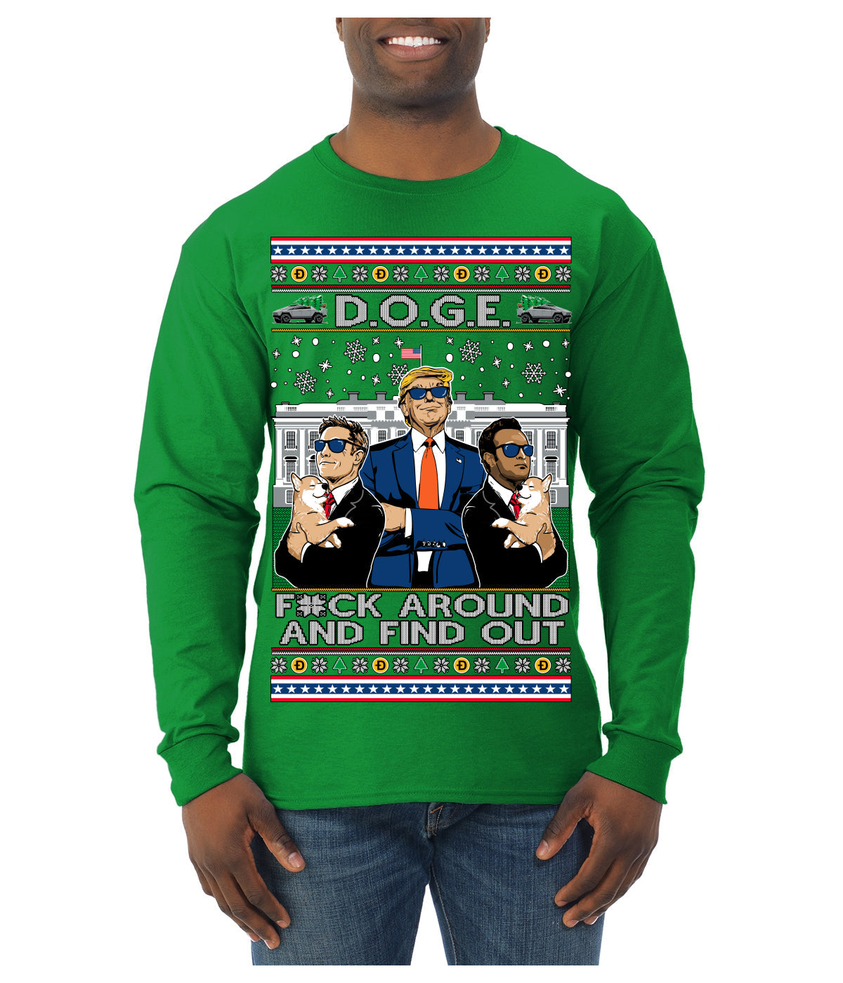 Doge F Around and Find Out Donald Trump Elon Vivek MAGA Ugly Christmas Sweater Mens Long Sleeve Shirt