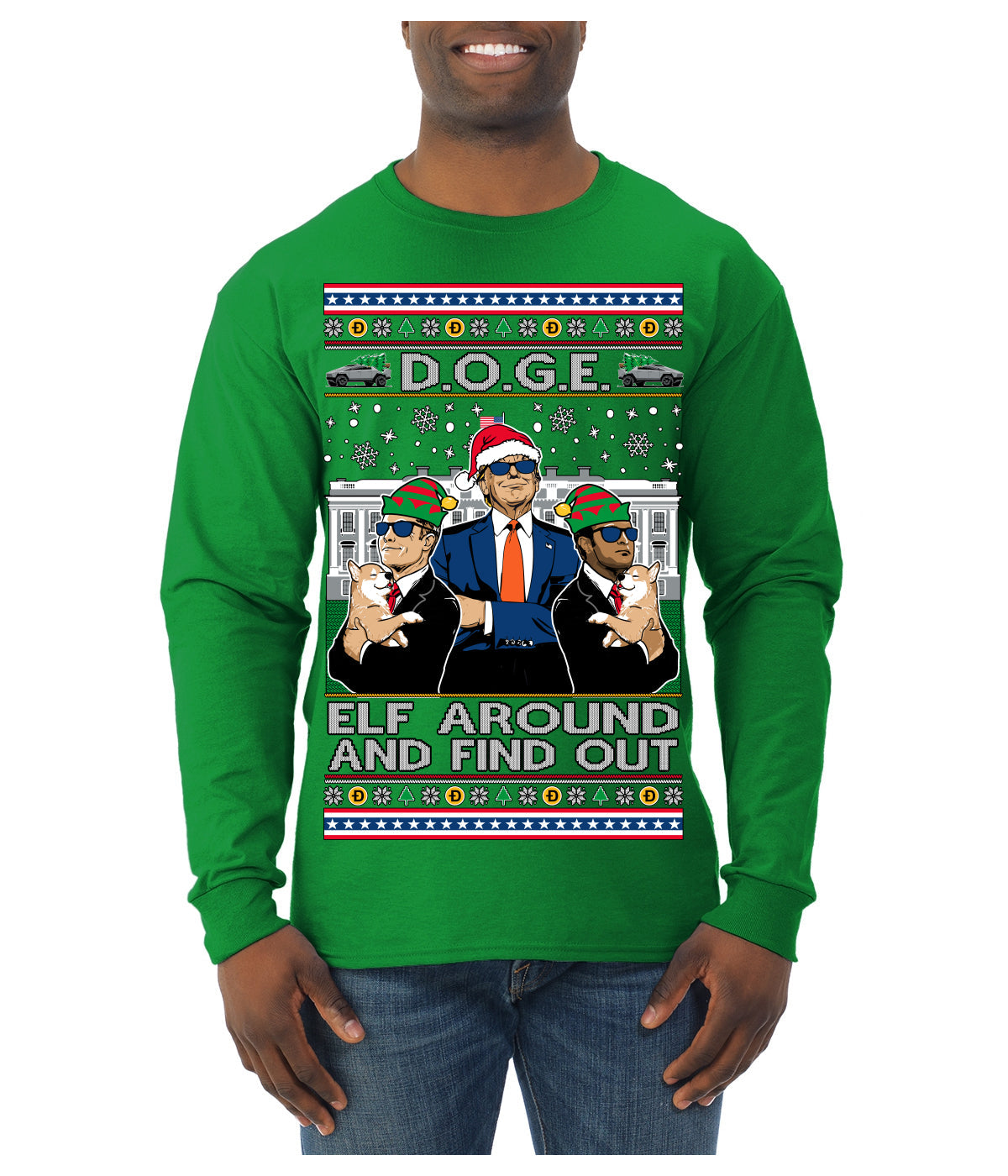 Doge Elf Around and Find Out Trump Elon Vivek MAGA Ugly Christmas Sweater Mens Long Sleeve Shirt