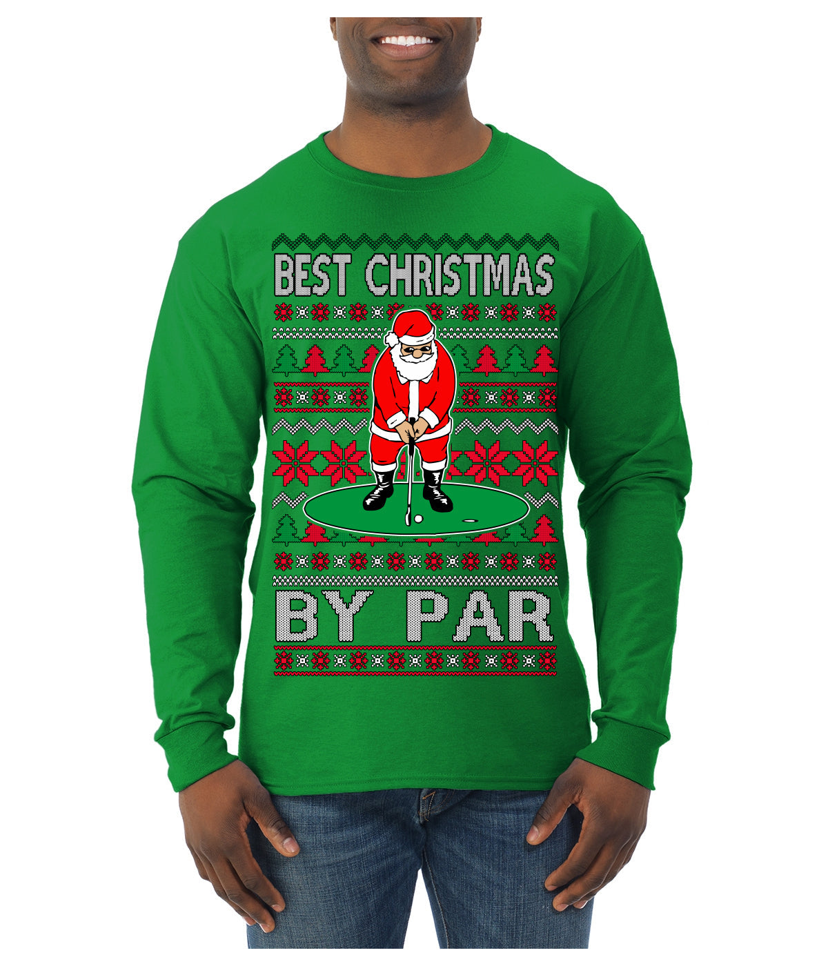 Best Christmas By Par Funny Santa Golfing Pun Sports Golf Ugly Christmas Sweater Mens Long Sleeve Shirt