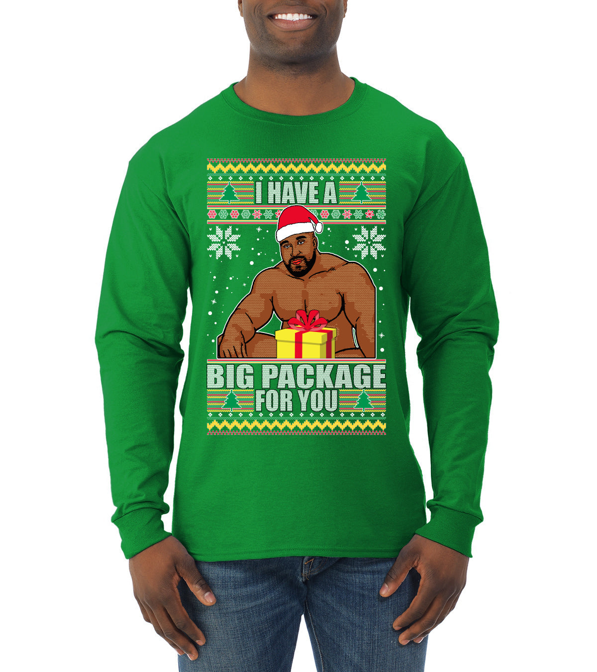 I Have A Big Package Meme Barry Wood Ugly Christmas Sweater Mens Long Sleeve Shirt