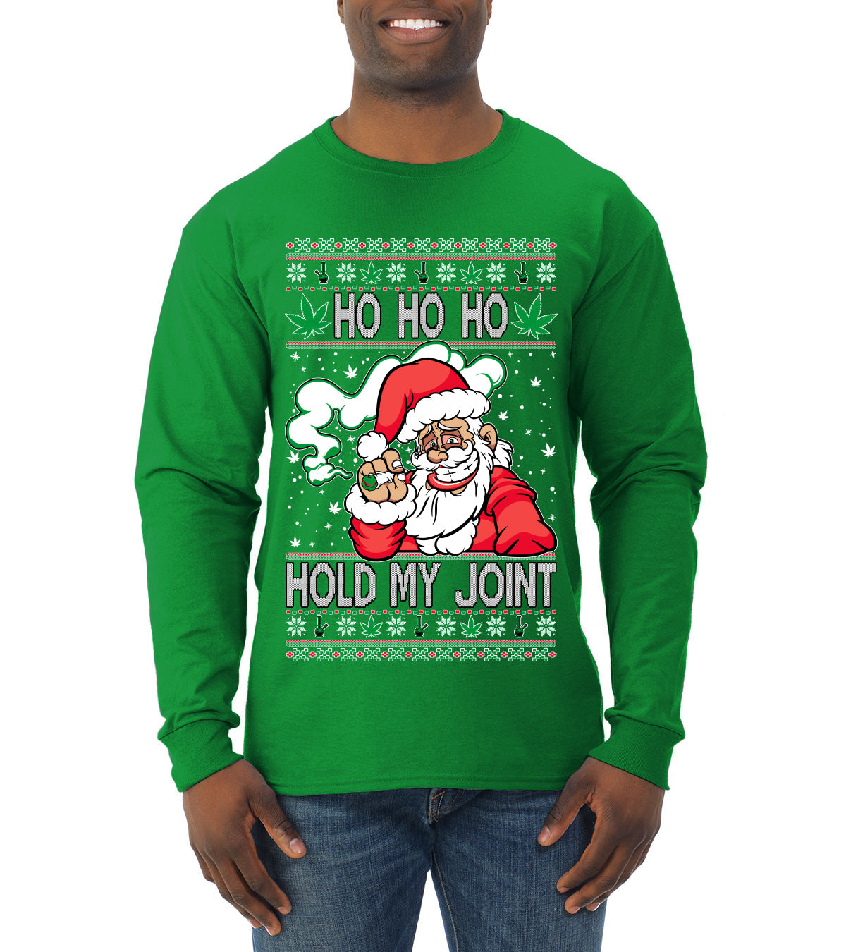 Ho Ho Ho Hold My Joint Weed Santa Smoking Ugly Christmas Sweater Mens Long Sleeve Shirt