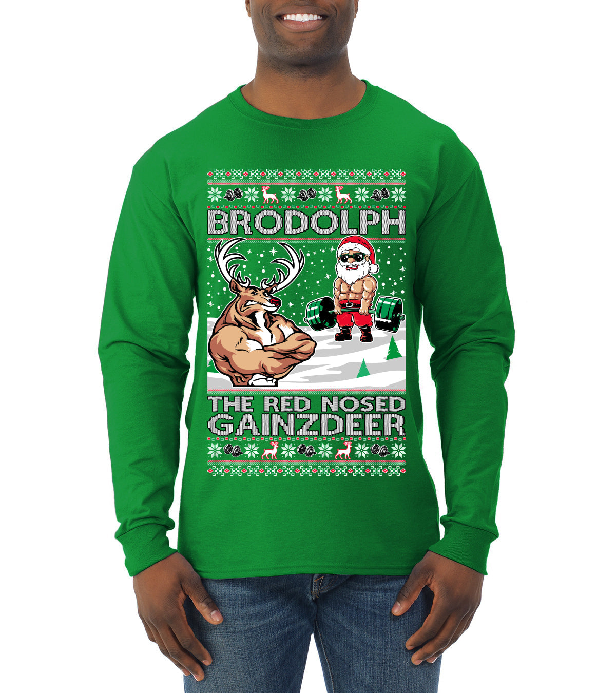 Brodolph Santa Working Out Gym the Red Nosed Gainzdeer Ugly Christmas Sweater Mens Long Sleeve Shirt