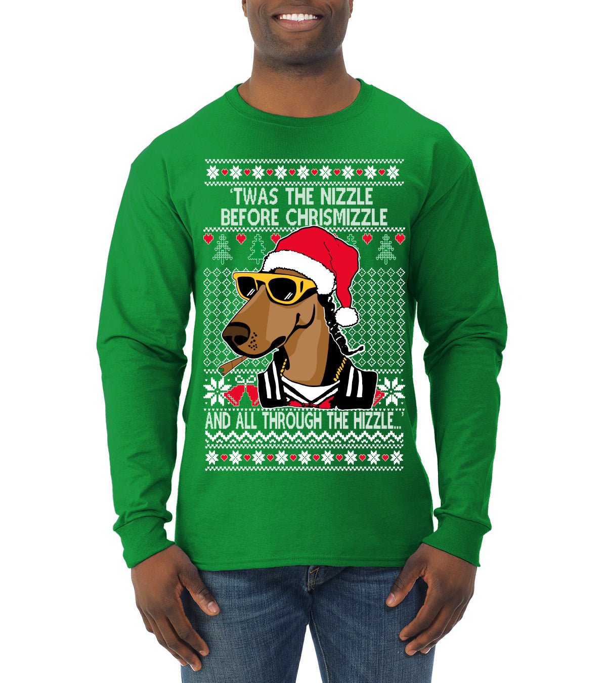 Twas The Nizzle Before Chrismizzle Gangster Dogg Rapper Ugly Christmas Sweater Mens Long Sleeve Shirt