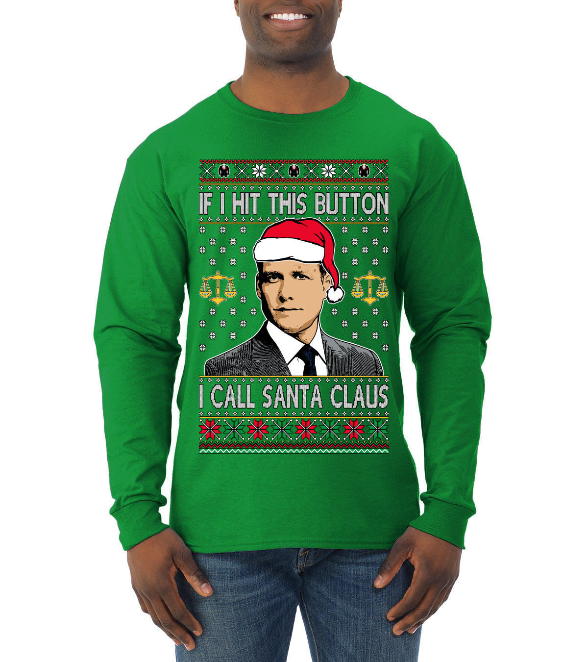 Harvey Hit This Button I Call Santa Specter TV Show Parody Ugly Christmas Sweater Mens Long Sleeve Shirt