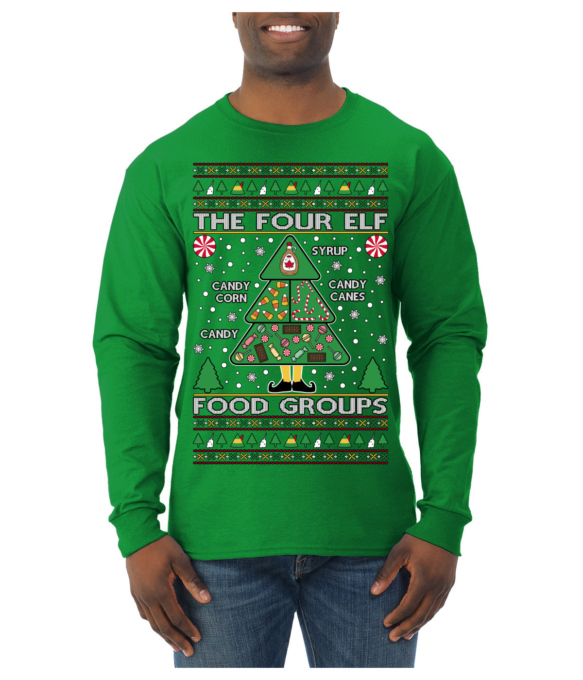 The Four Elf Food Groups Candy Canes Syrup Funny Ugly Christmas Sweater Mens Long Sleeve Shirt