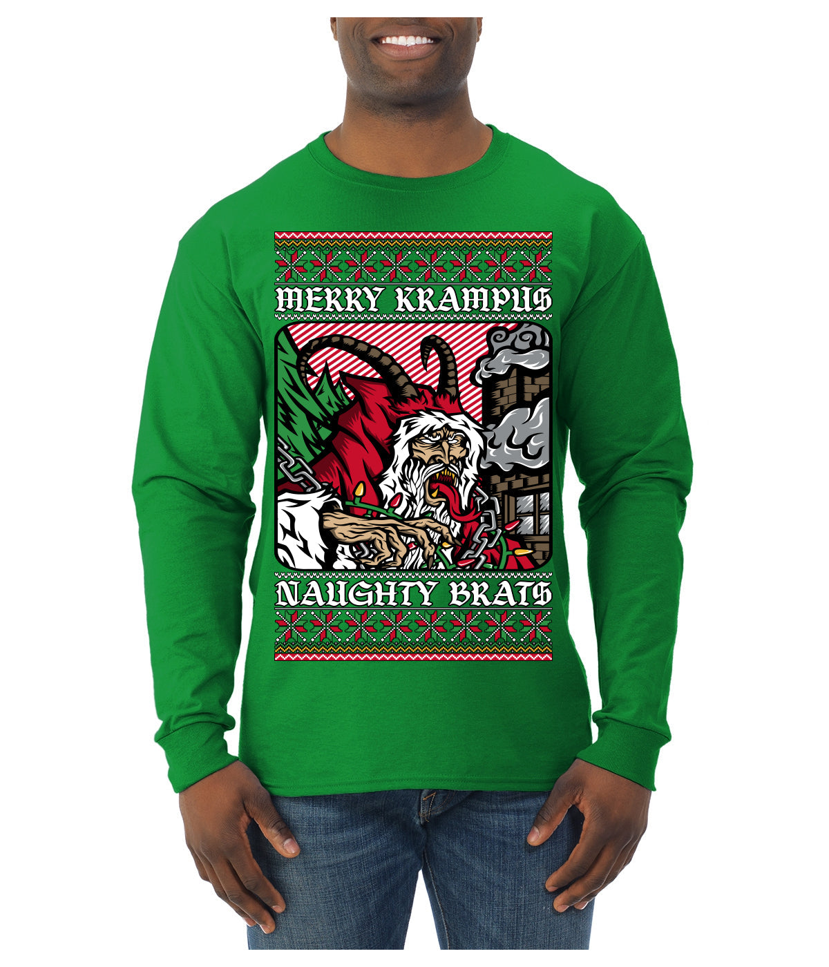 Merry Krampus Naughty Brats | Funny Ugly Christmas Sweater Mens Long Sleeve Shirt