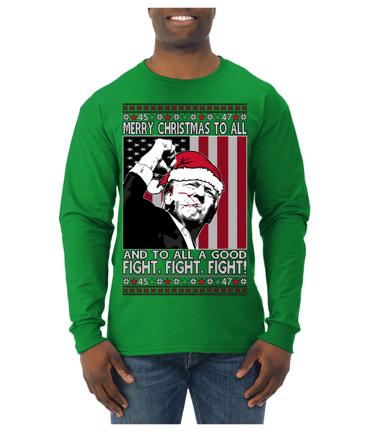 Merry Christmas to All a Good Fight | Santa Donald Trump Ugly Christmas Sweater Mens Long Sleeve Shirt