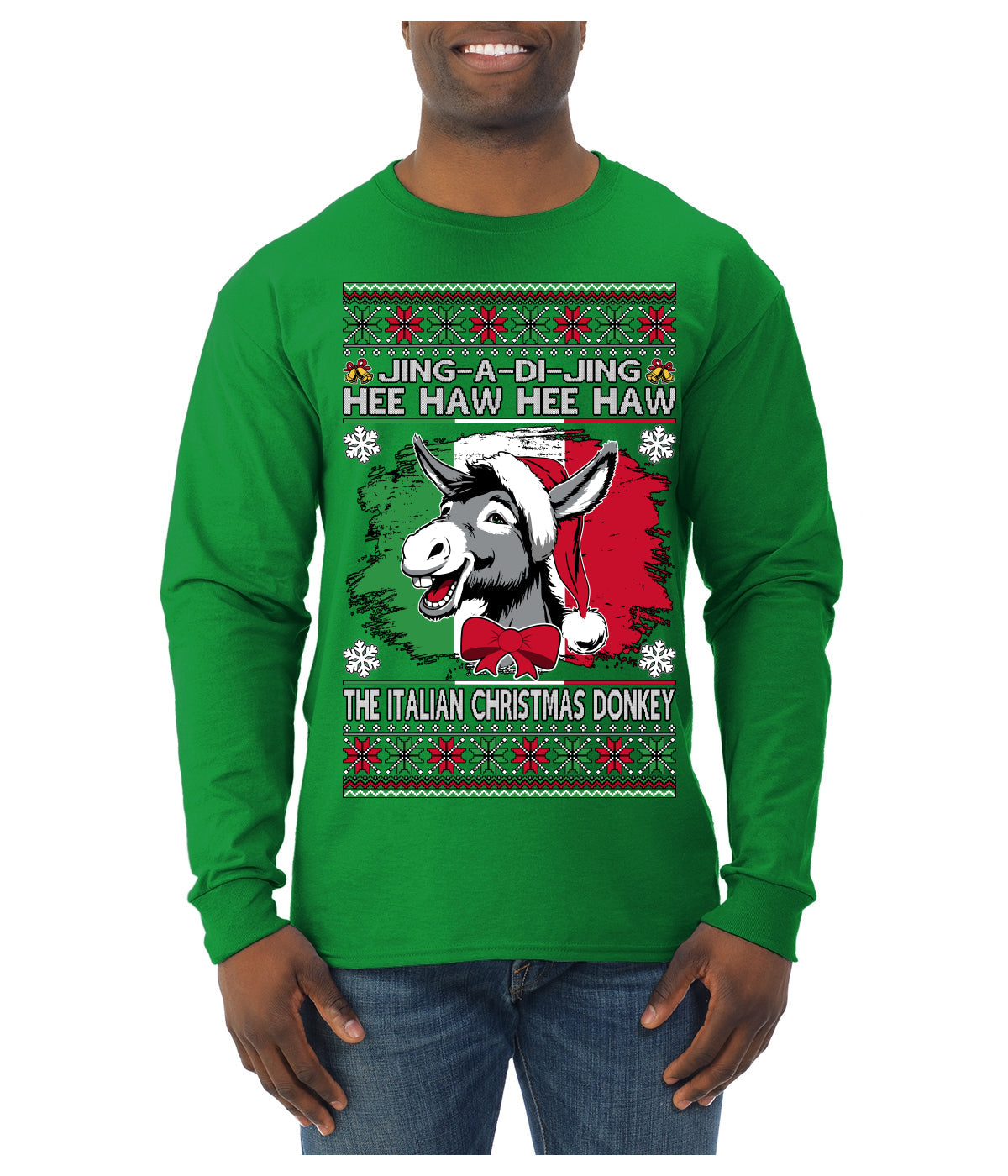 Jing a Di Jing Dominick the Italian Christmas Donkey Ugly Christmas Sweater Mens Long Sleeve Shirt