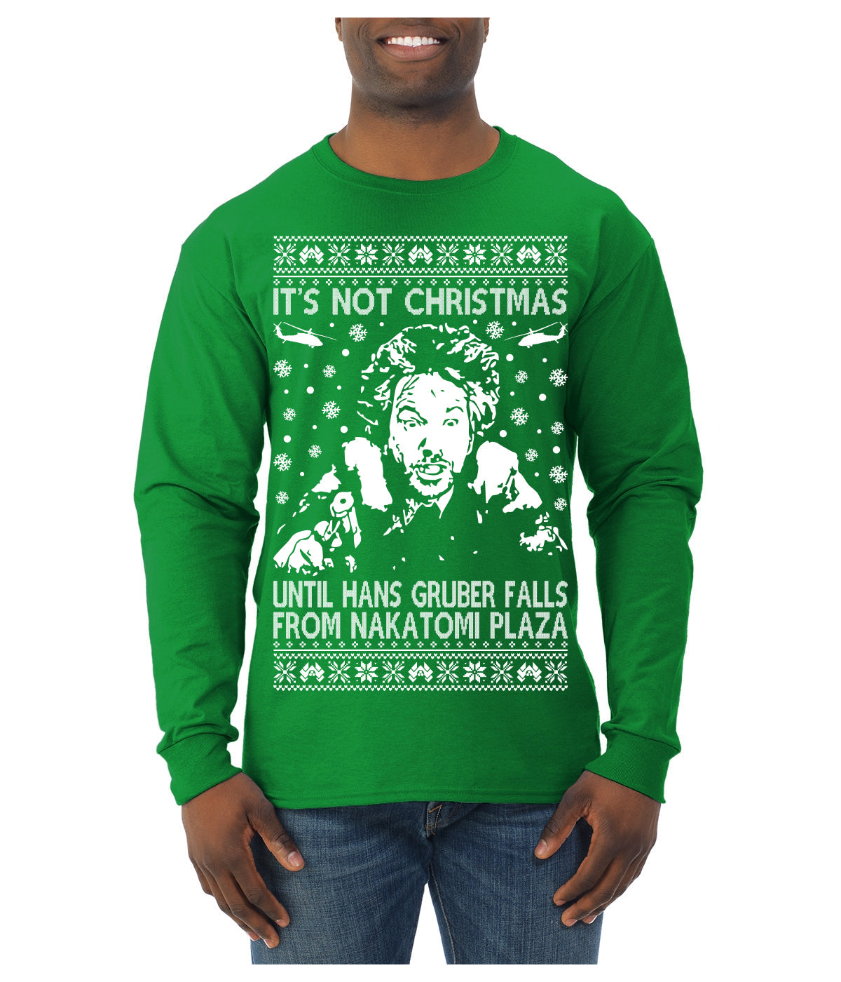 It's Not Christmas Until Hans Gruber Falls From Nakatomi Plaza White Ugly Christmas Sweater Mens Long Sleeve Shirt