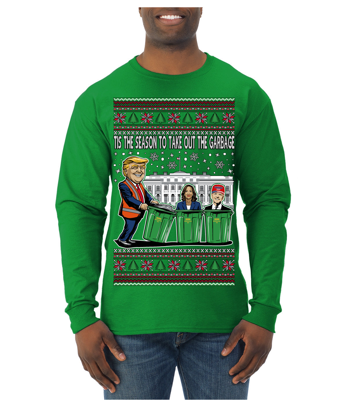Tis the Season to Take Out the Garbage President Trump Ugly Christmas Sweater Mens Long Sleeve Shirt