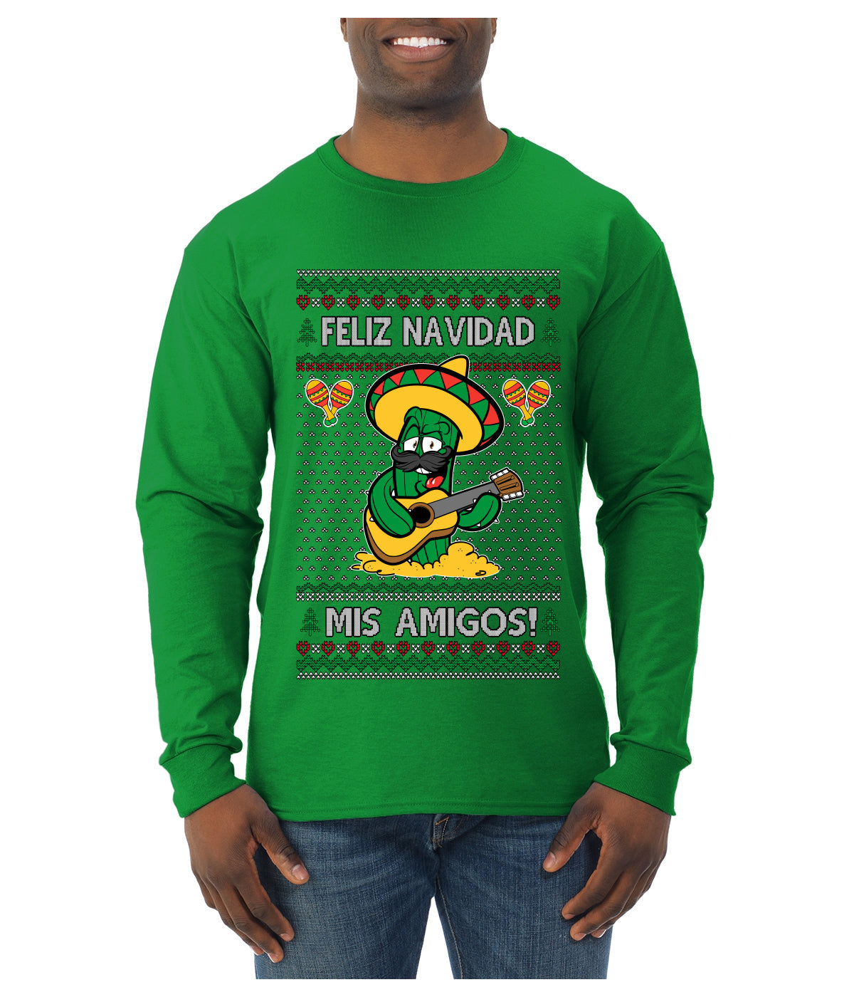 Feliz Navidad Mis Amigos!, Ugly Christmas Sweater Mens Long Sleeve Shirt