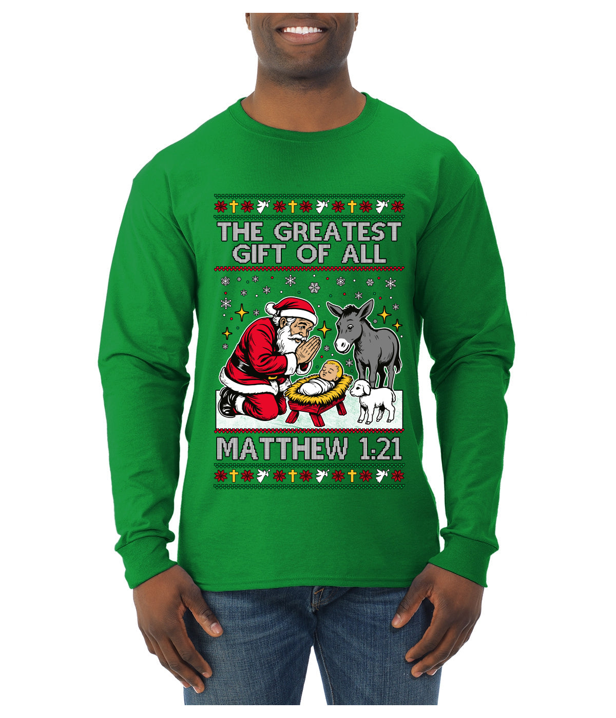 The Greatest Gift Of All Matthew 1:21, Ugly Christmas Sweater Mens Long Sleeve Shirt
