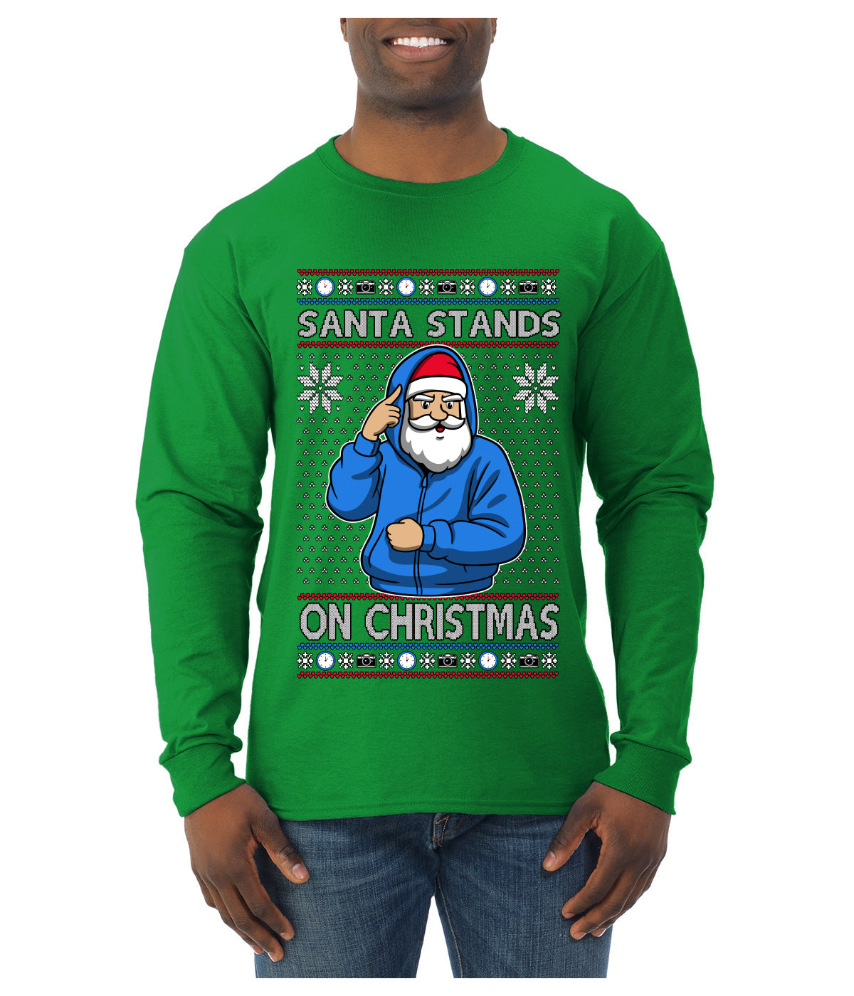 Santa Stands On Christmas, Ugly Christmas Sweater Mens Long Sleeve Shirt