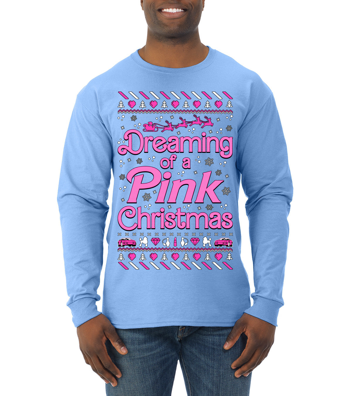 Dreaming Of A Pink Chirstmas Girly Woman Movie Party Ugly Christmas Sweater Mens Long Sleeve Shirt