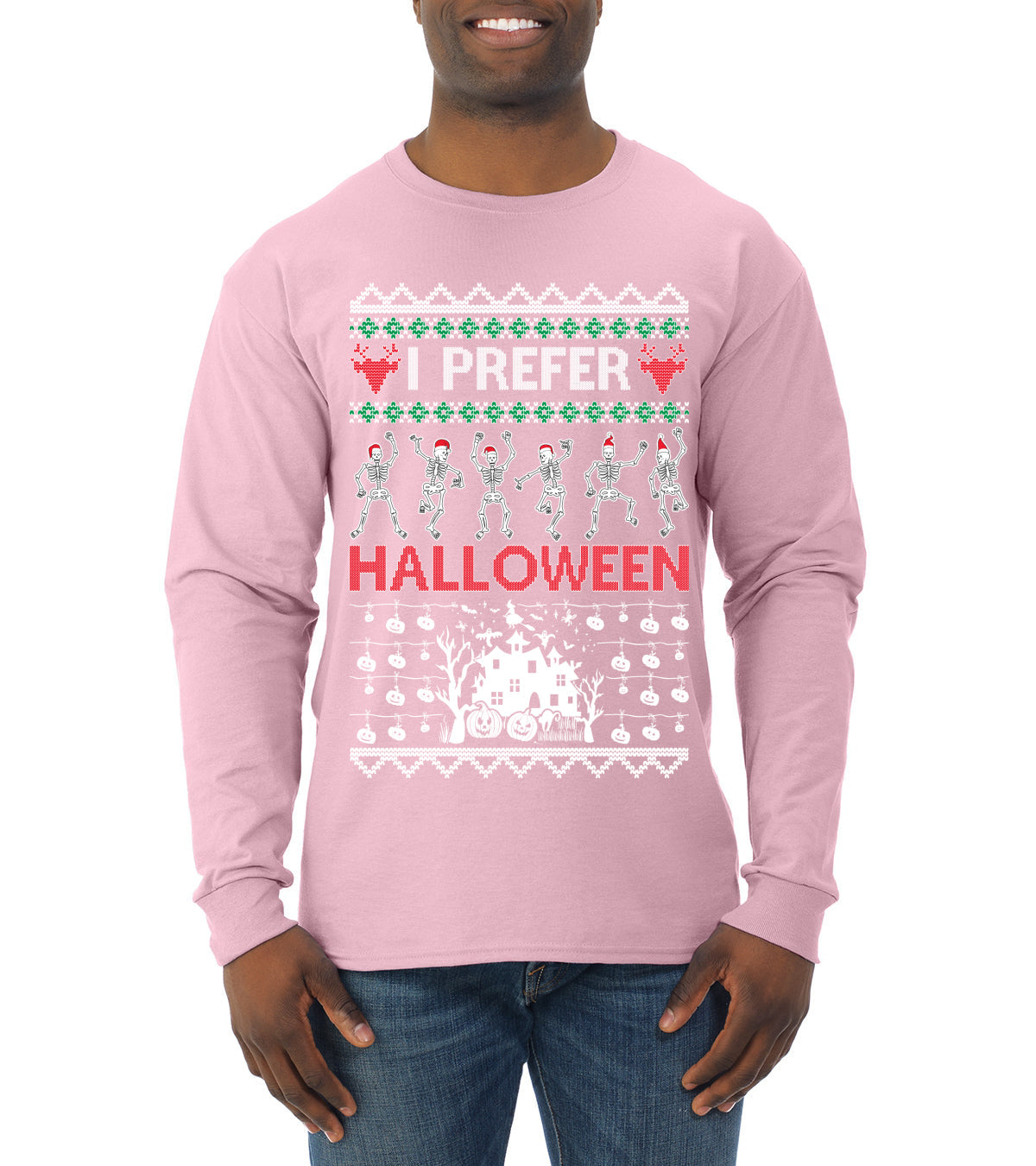 I Prefer Halloween Dancing Skeletons Ugly Christmas Sweater Mens Long Sleeve Shirt