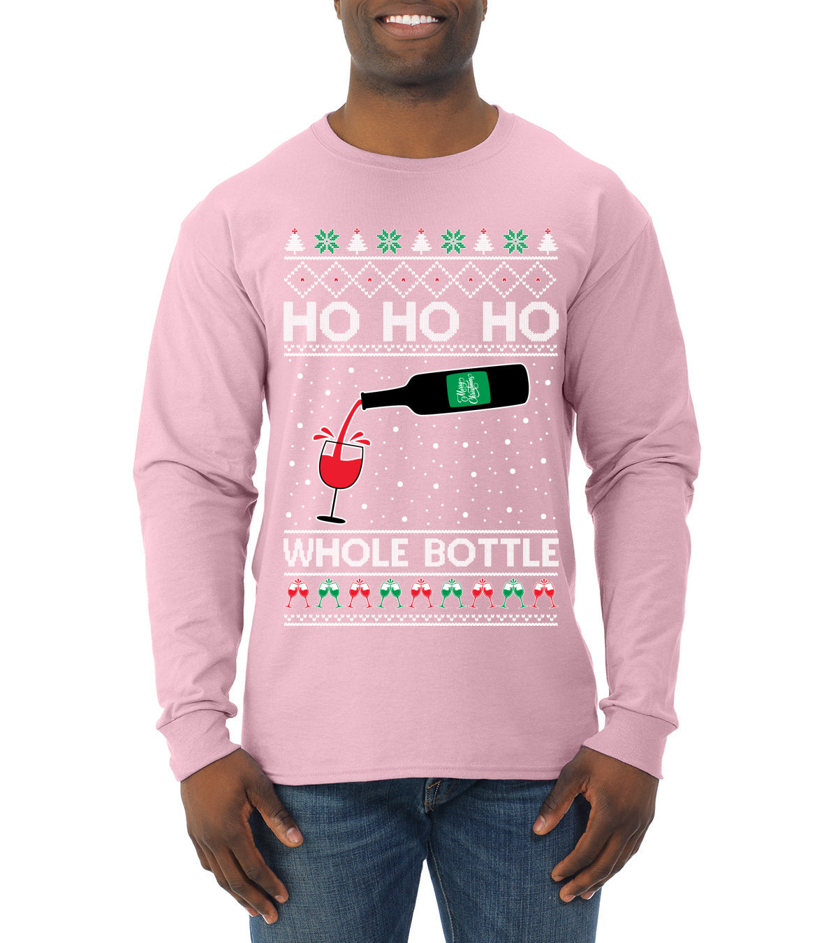 Ho Ho Ho Whole Bottle Wine Spirits Ugly Christmas Sweater Mens Long Sleeve Shirt