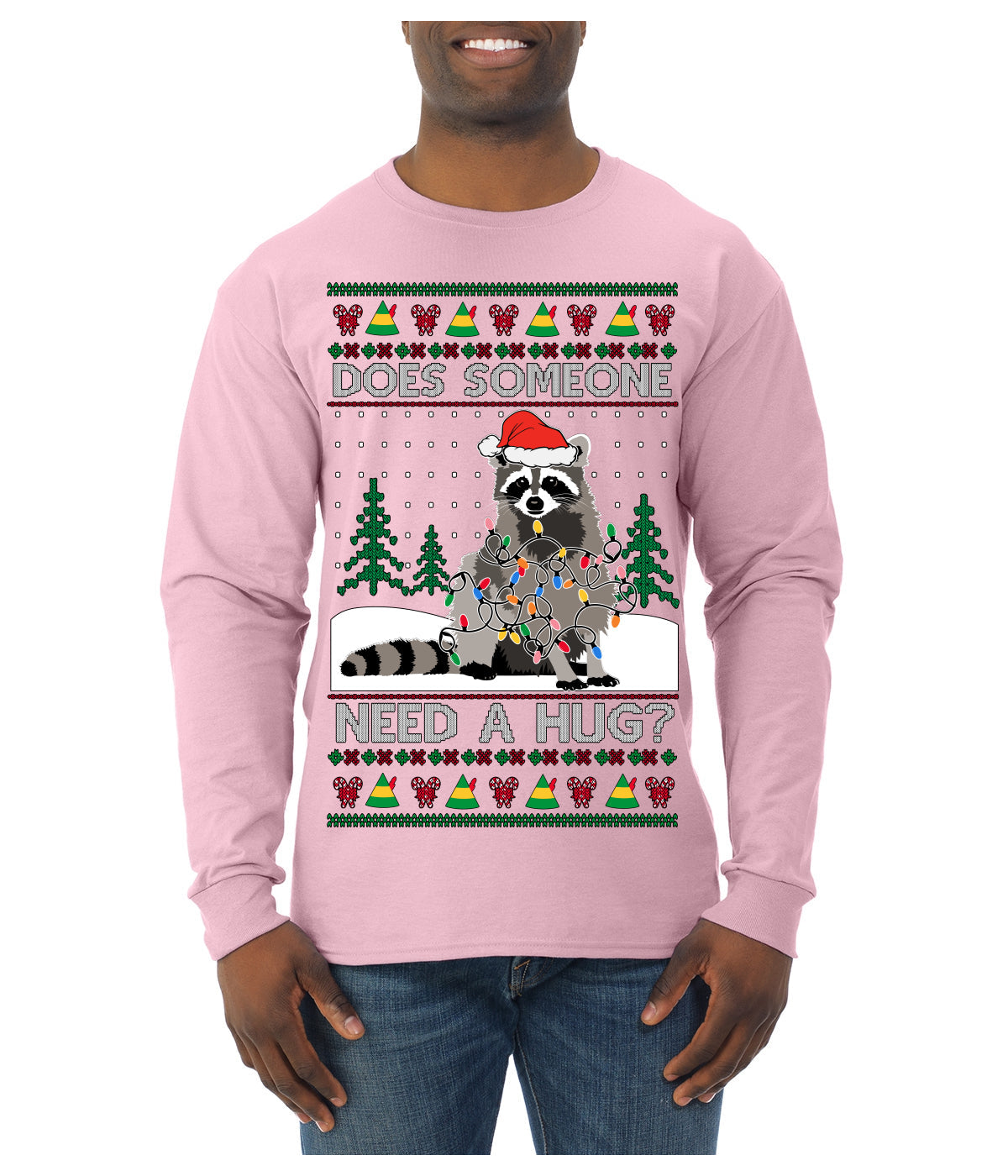 Does Someone Need a Hug? Cute Raccoon Ugly Christmas Sweater Mens Long Sleeve Shirt