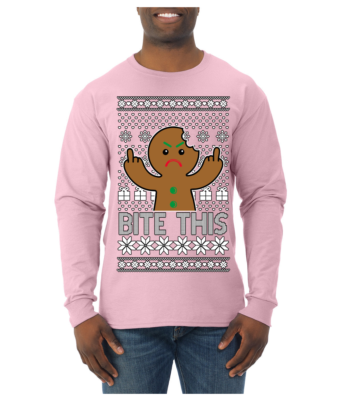 Bite This, Funny Gingerbread Cookie Offensive Inappropriate Middle Finger, F U Ginger Bread Dirty Novelty Xmas Ugly Christmas Sweater Mens Long Sleeve Shirt