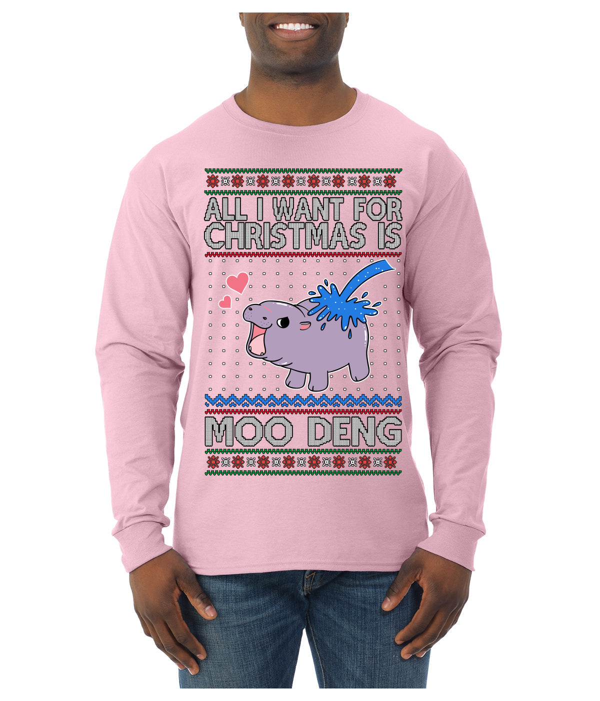 All I Want for Christmas is Moo Deng Cute Pygmy Hippo Ugly Christmas Sweater Mens Long Sleeve Shirt