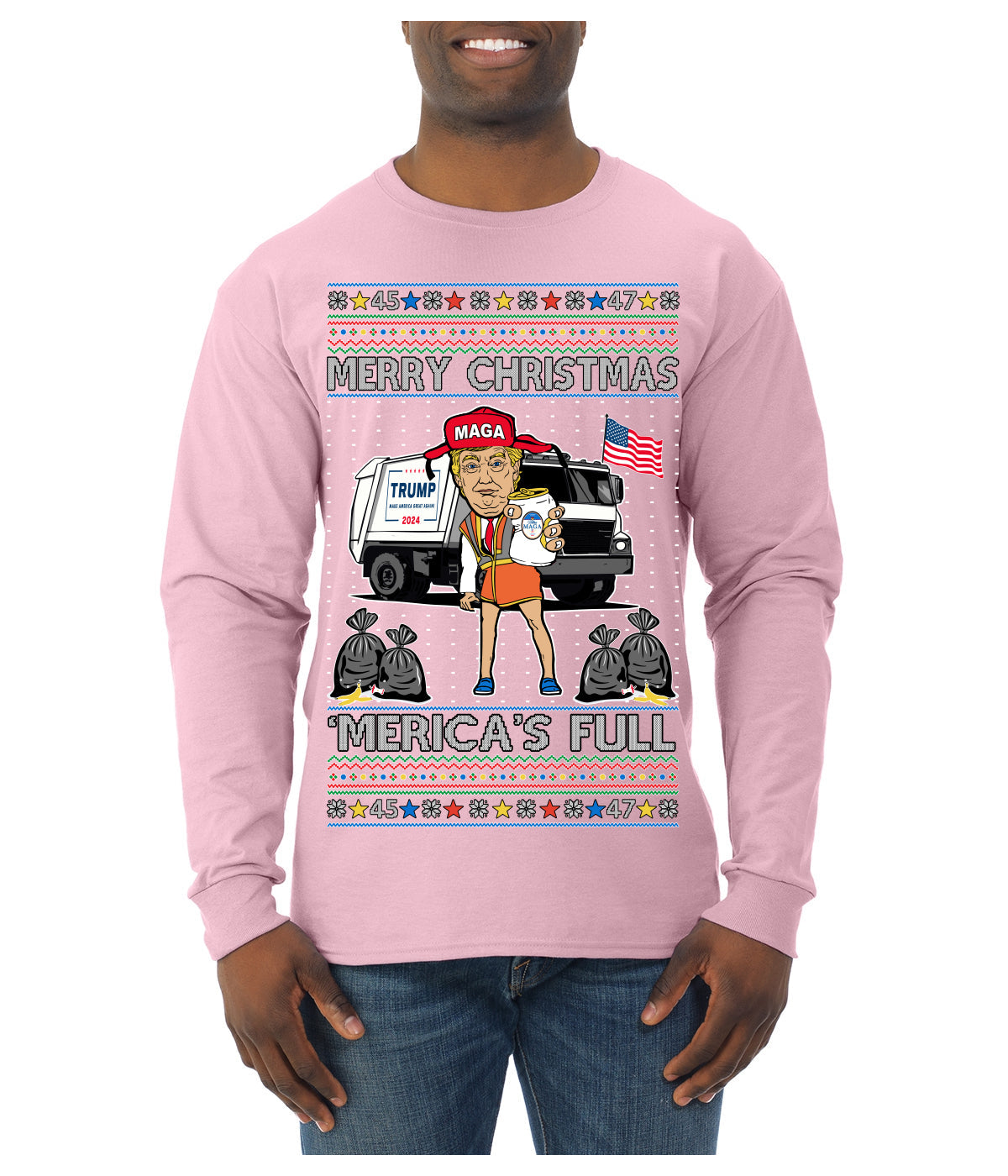 Donald Trump Merry Christmas Merica's Full Garbage Truck Ugly Christmas Sweater Mens Long Sleeve Shirt