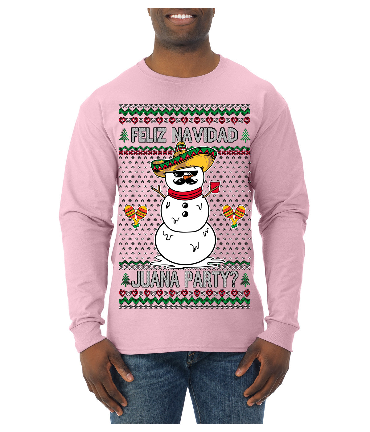 Feliz Navidad Juana Party Funny Spanish Drinking Cerveza Ugly Christmas Sweater Mens Long Sleeve Shirt