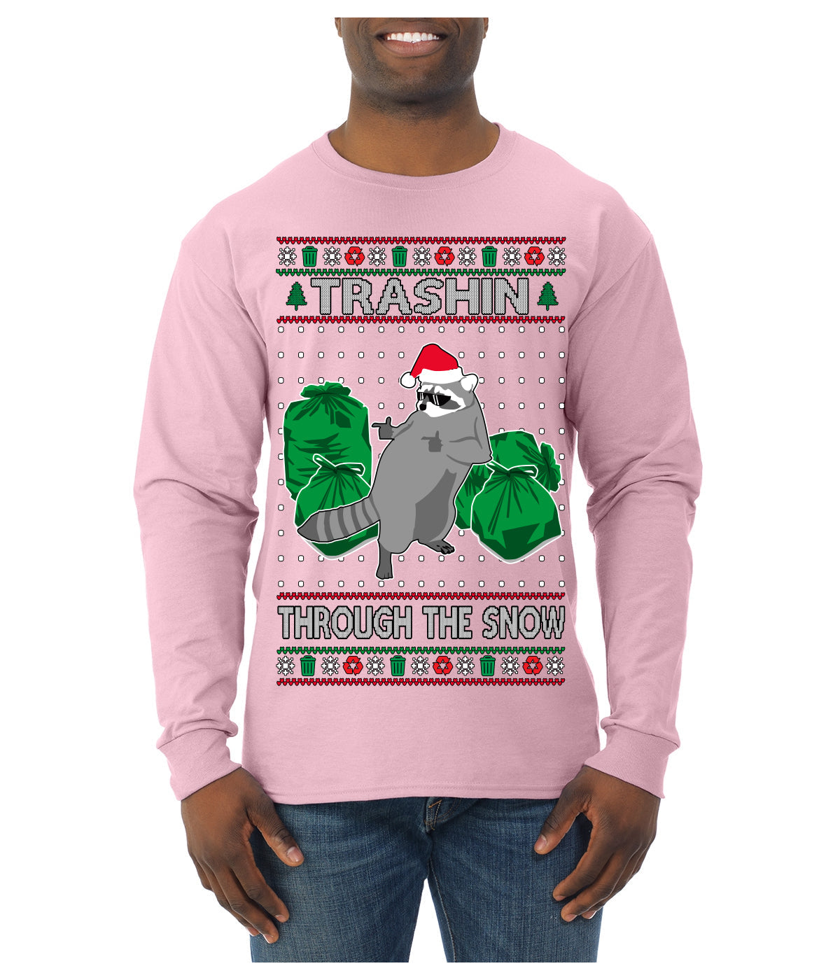 Trashin Through the Snow Funny Trash Panda Raccoon Meme Ugly Christmas Sweater Mens Long Sleeve Shirt