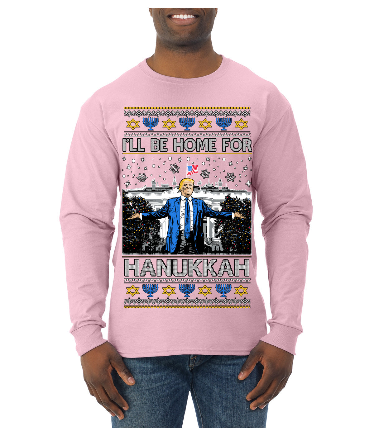 I'll Be Home for Hanukkah, Funny President Donald Trump JD Vance Winter Holiday Chanukah Hannukkah Channukah Ugly Christmas Sweater Mens Long Sleeve Shirt
