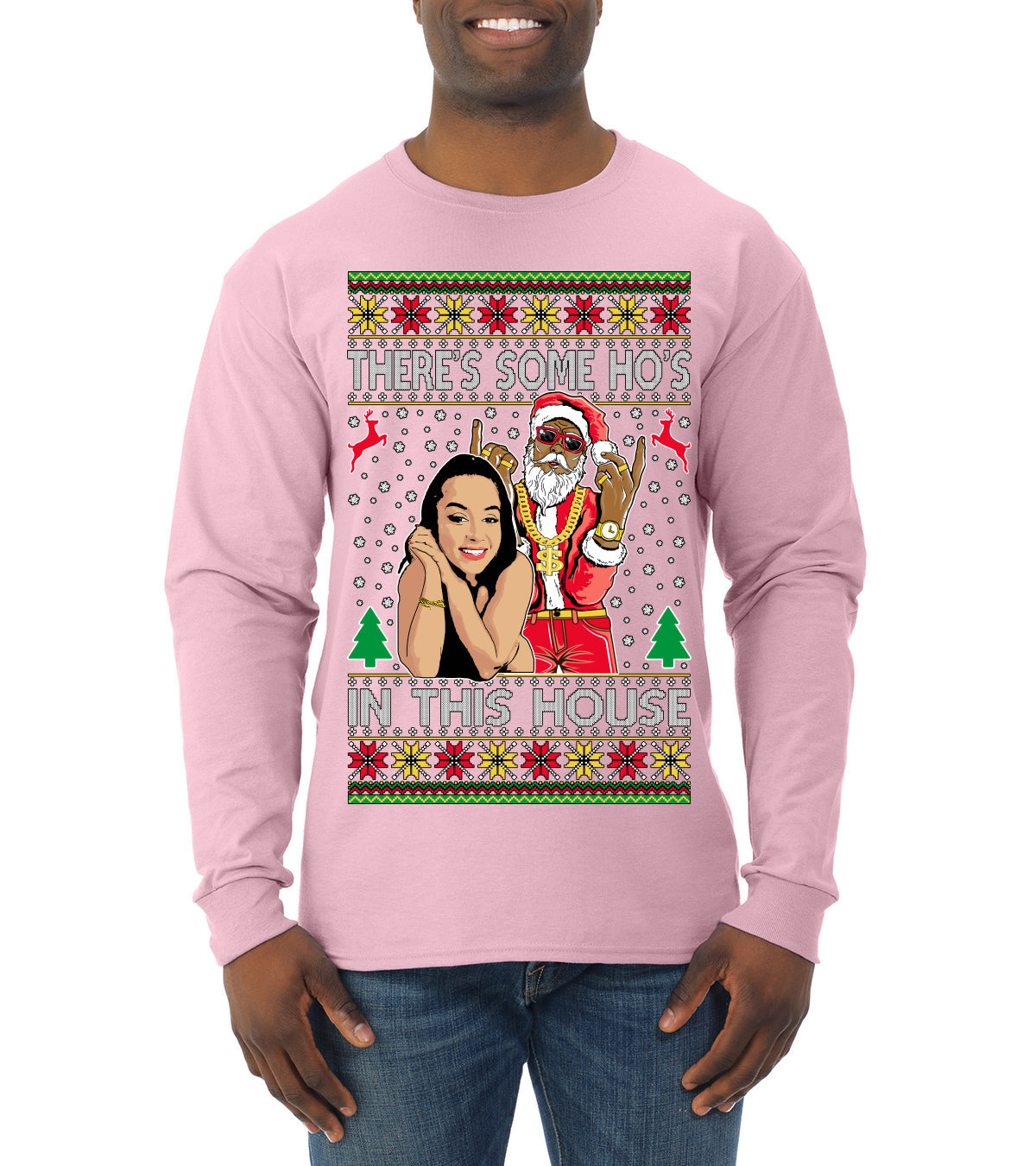 Santa the Plug Hos In This House  Ugly Christmas Sweater Mens Long Sleeve Shirt