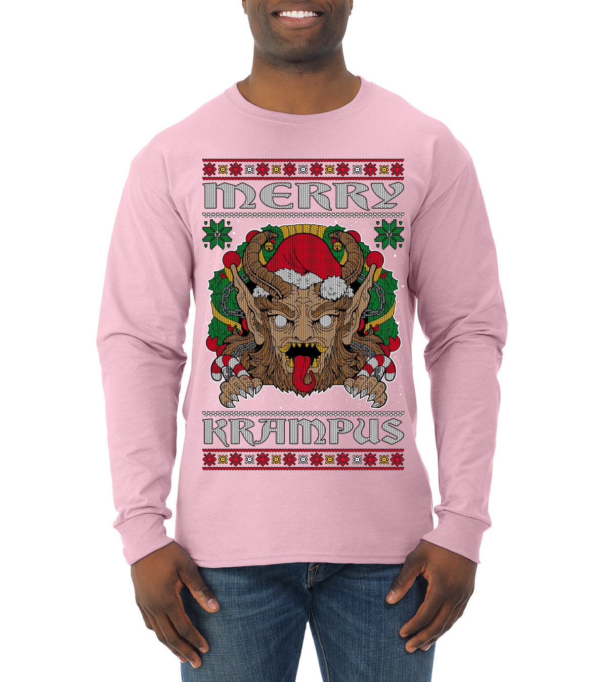 Merry Krampus Santa Folklore Figure Horror Ugly Christmas Sweater Mens Long Sleeve Shirt