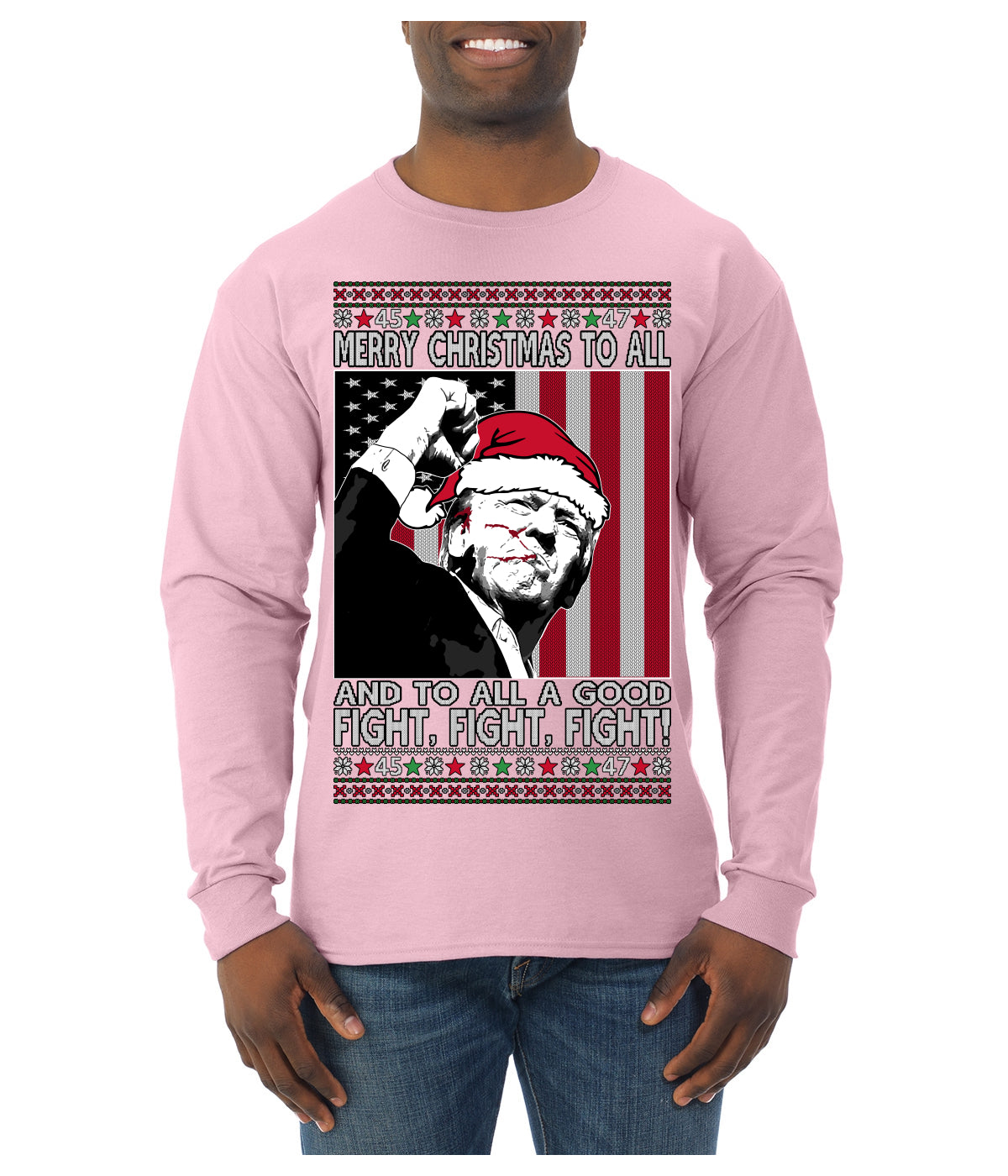 Merry Christmas to All a Good Fight | Santa Donald Trump Ugly Christmas Sweater Mens Long Sleeve Shirt