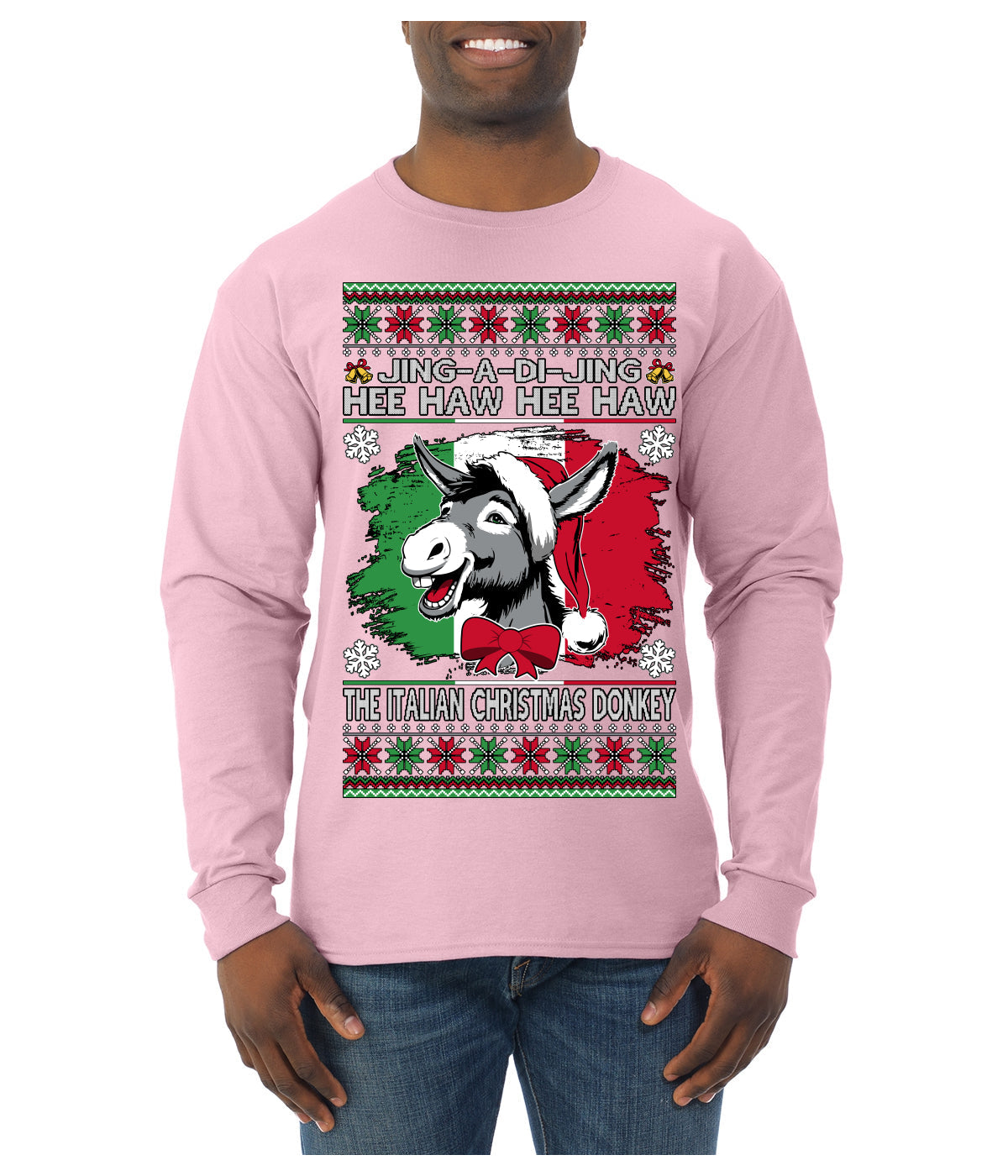 Jing a Di Jing Dominick the Italian Christmas Donkey Ugly Christmas Sweater Mens Long Sleeve Shirt