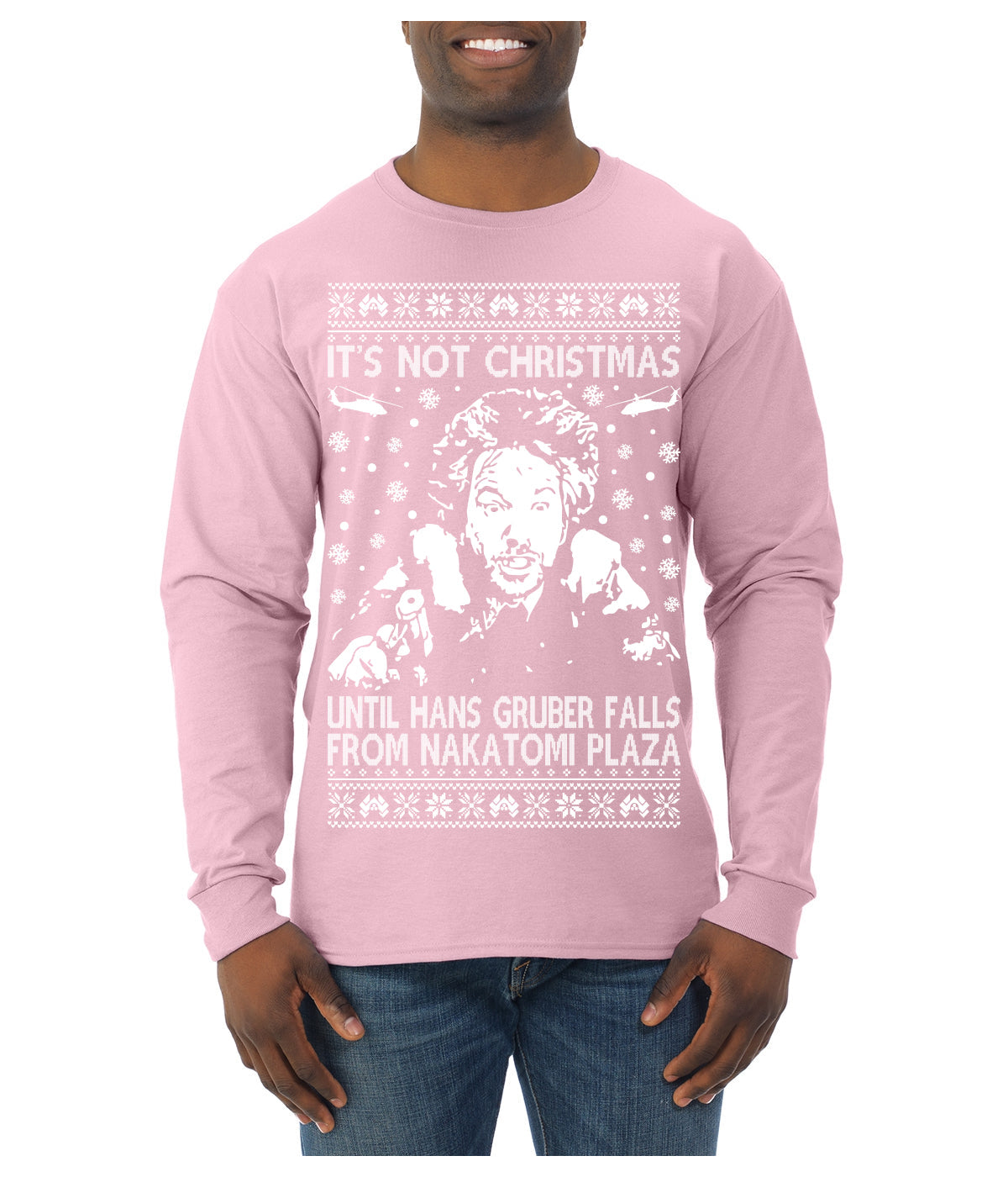 It's Not Christmas Until Hans Gruber Falls From Nakatomi Plaza White Ugly Christmas Sweater Mens Long Sleeve Shirt