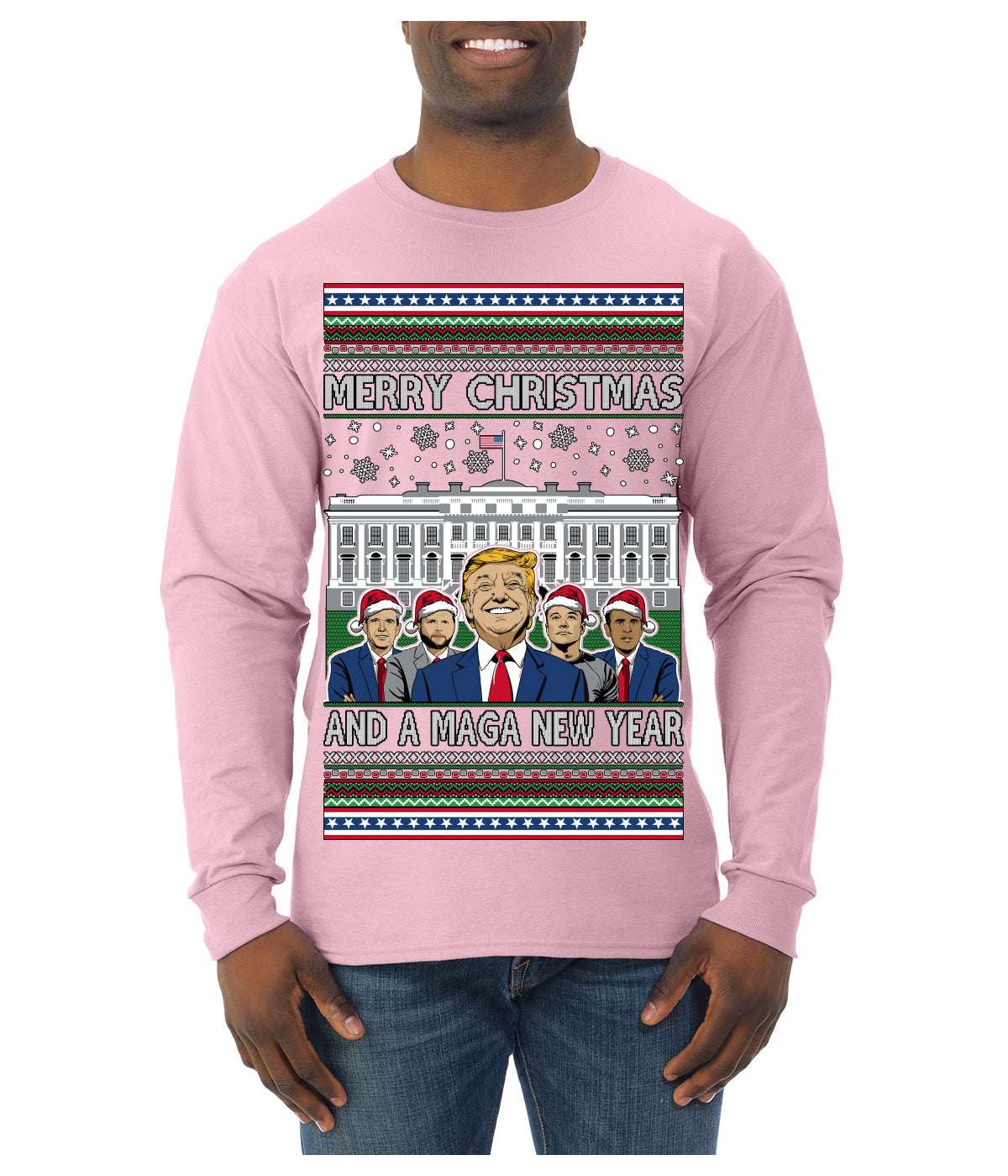 Merry Christmas and a MAGA New Year 2025 Ugly Christmas Sweater Mens Long Sleeve Shirt