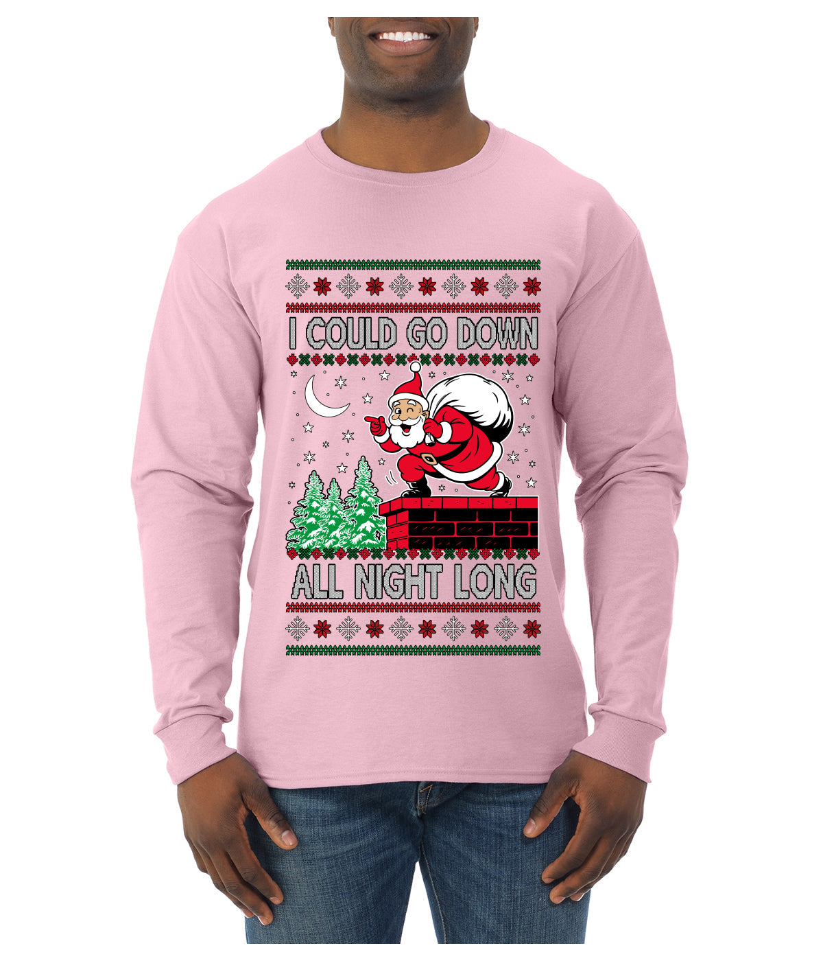 I Could Go Down All Night Long, Ugly Christmas Sweater Mens Long Sleeve Shirt