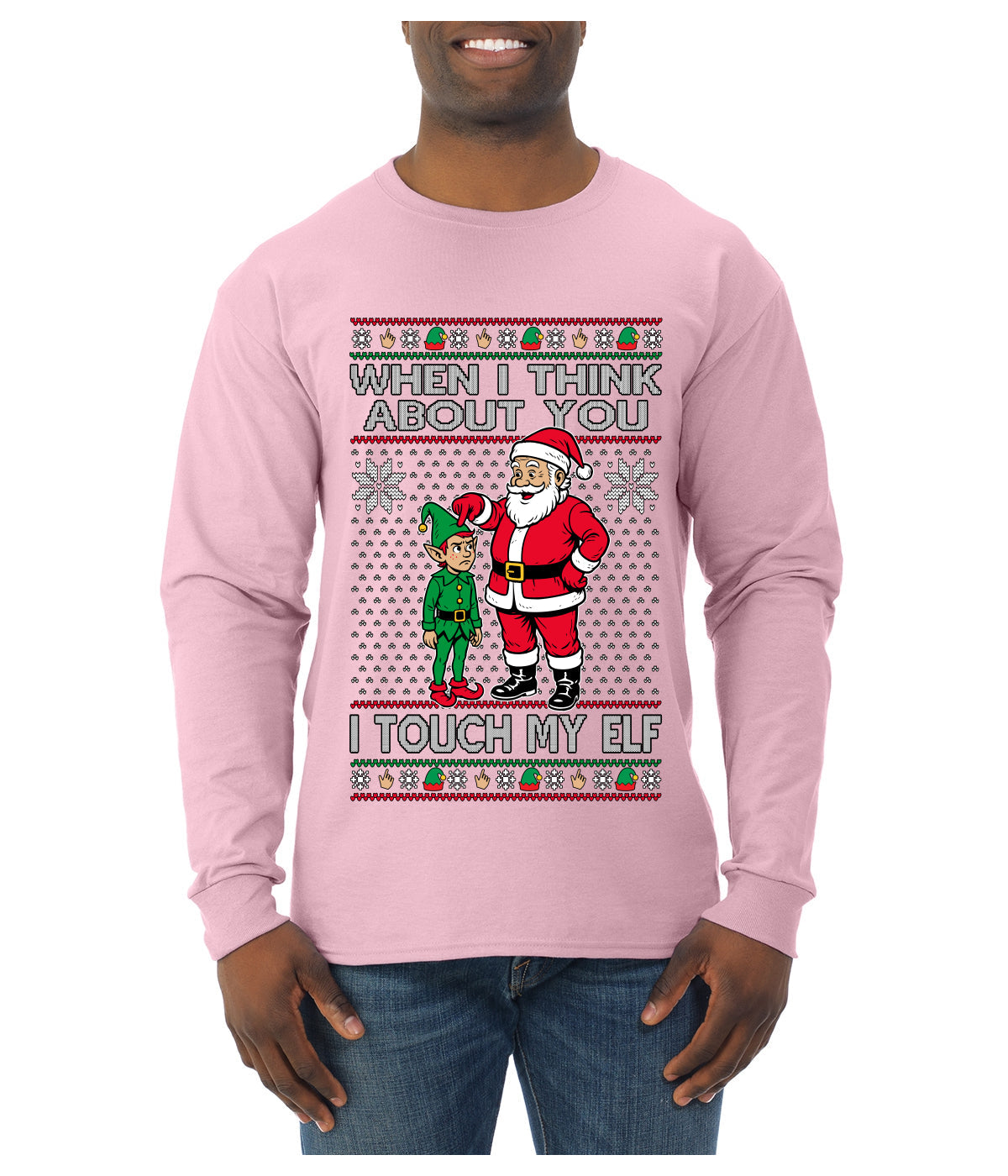 When I Think About You I Touch My Elf, Ugly Christmas Sweater Mens Long Sleeve Shirt