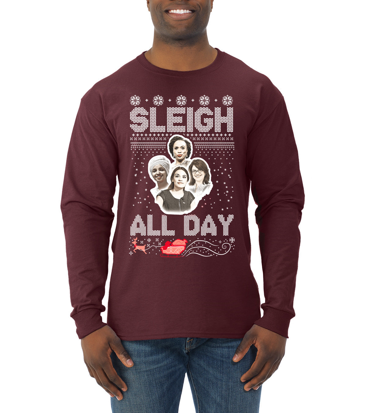 AOC The Squad Congresswomen Sleigh All Day Xmas Ugly Christmas Sweater Mens Long Sleeve Shirt
