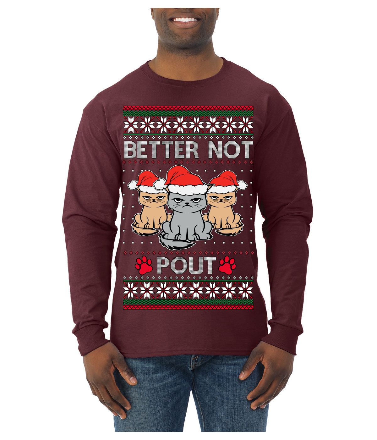 Better Not Pout, Cute Sad Santa Cats | Funny Ugly Christmas Sweater Mens Long Sleeve Shirt