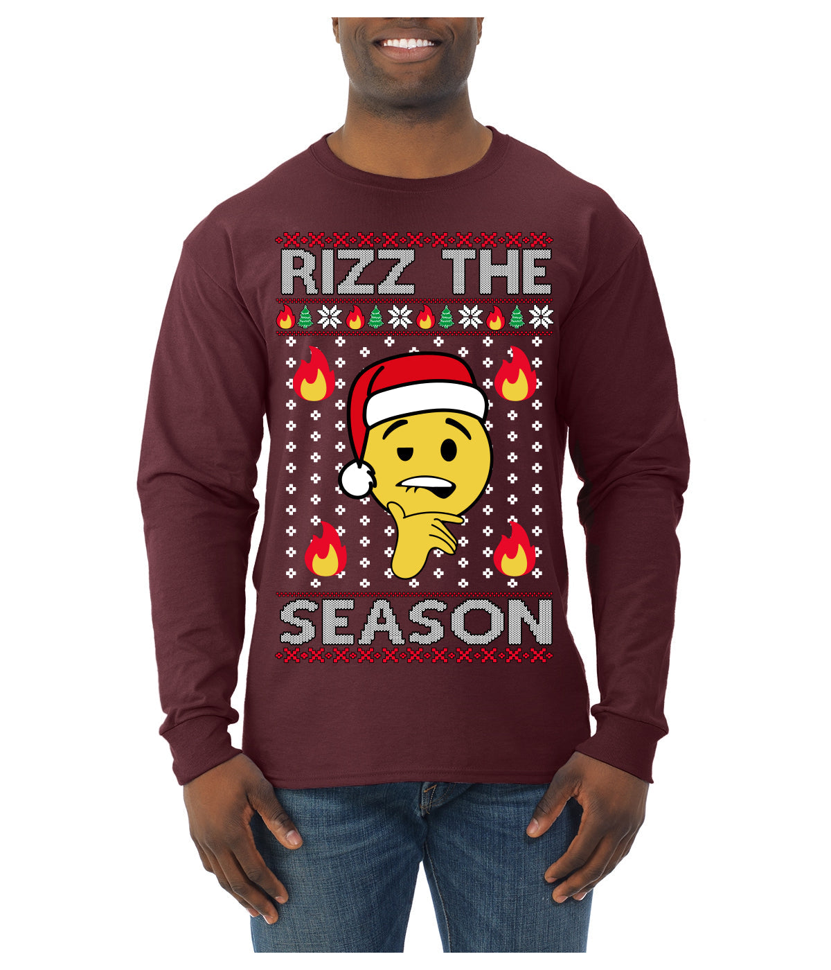 Rizz the Season Viral Internet Fire Emoji Face Meme Ugly Christmas Sweater Mens Long Sleeve Shirt